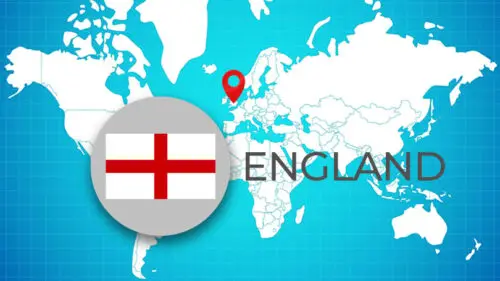 World Map with pin and local flag of England on it.