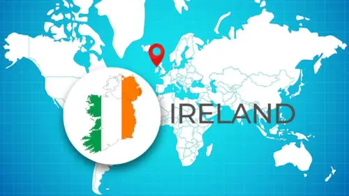 World Map with pin and flag of Ireland on it.