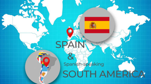 World Map with pin and flag of Spain and Spanish-speaking South America on it.