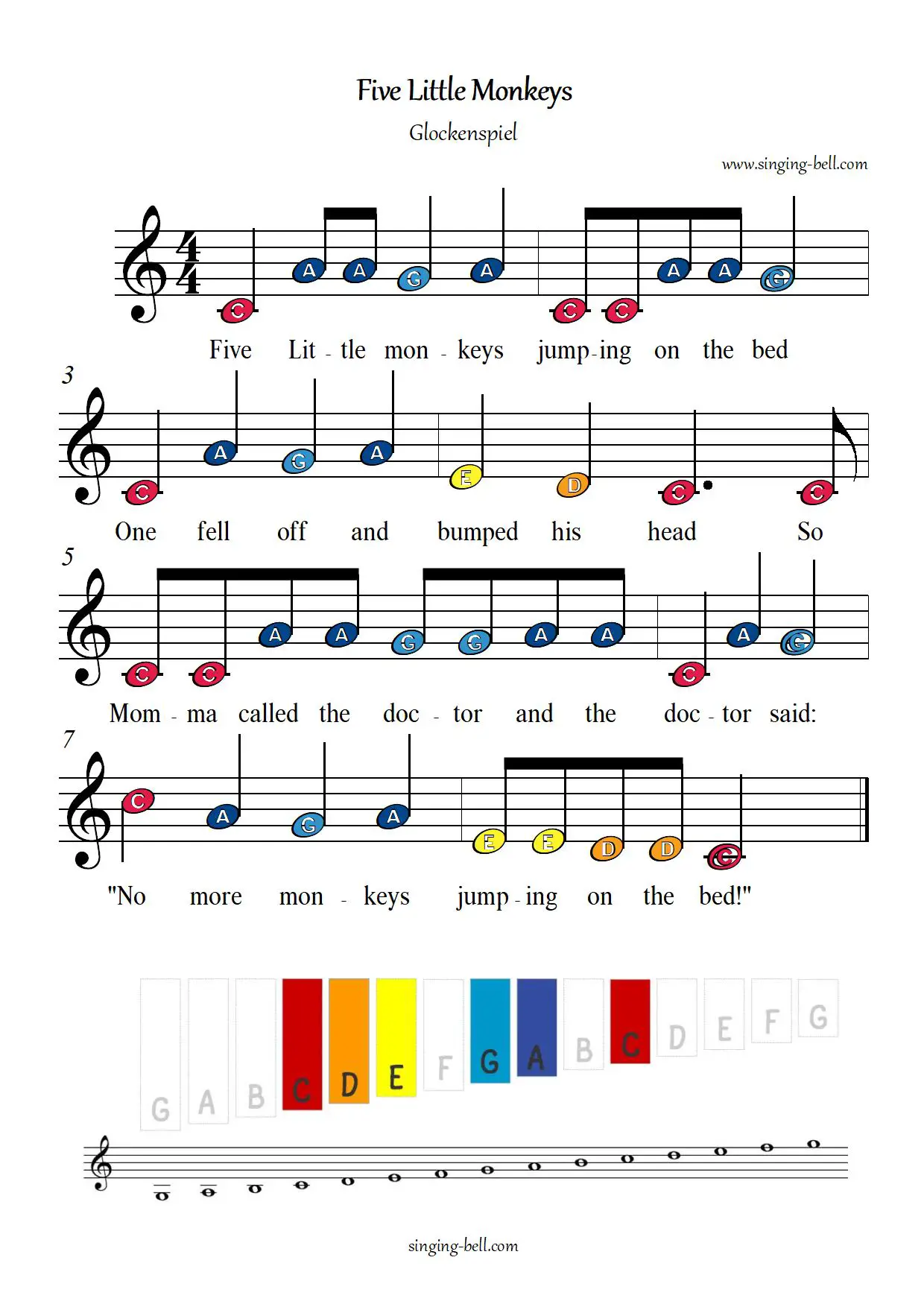 Five Little Monkeys free xylophone glockenspiel sheet music color notes chart pdf