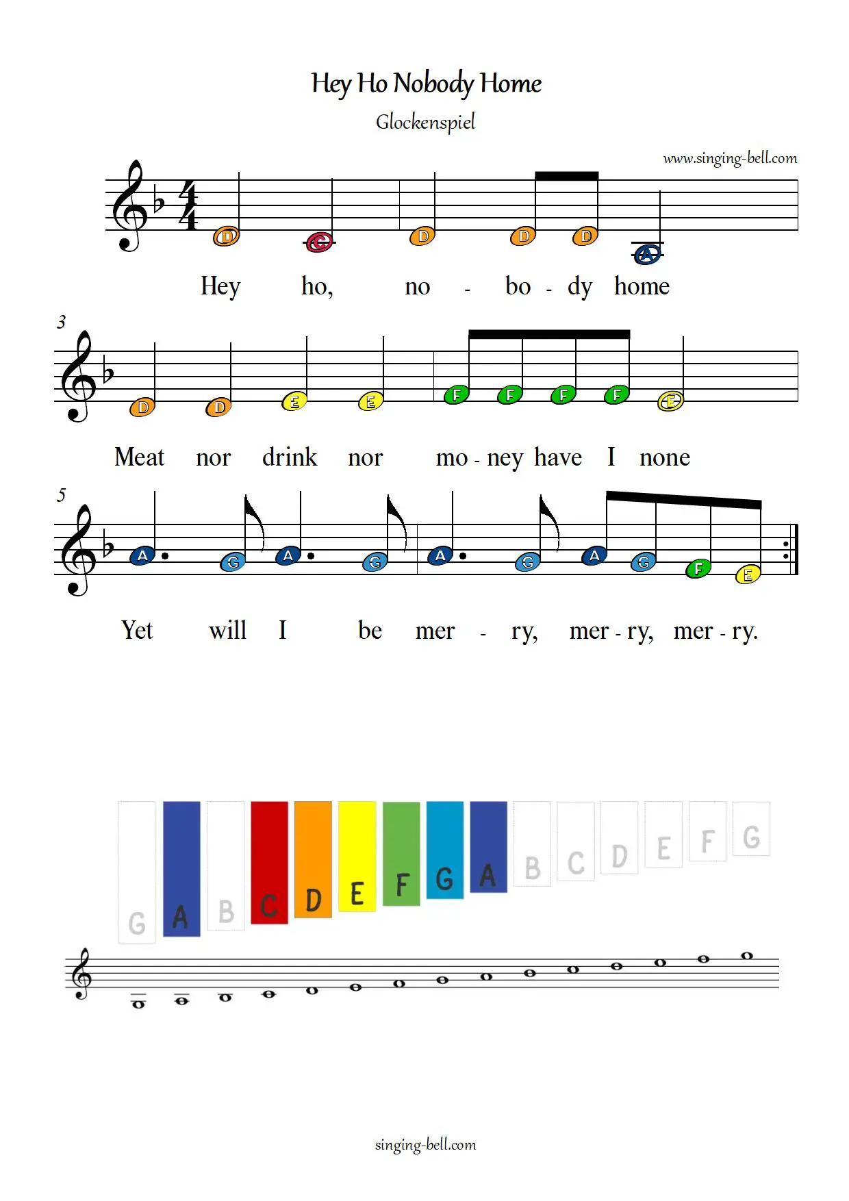 Hey Ho Nobody Home free xylophone glockenspiel sheet music color notes chart pdf