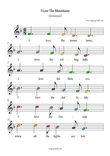 I Love The Mountains free xylophone glockenspiel sheet music color notes chart pdf page-1