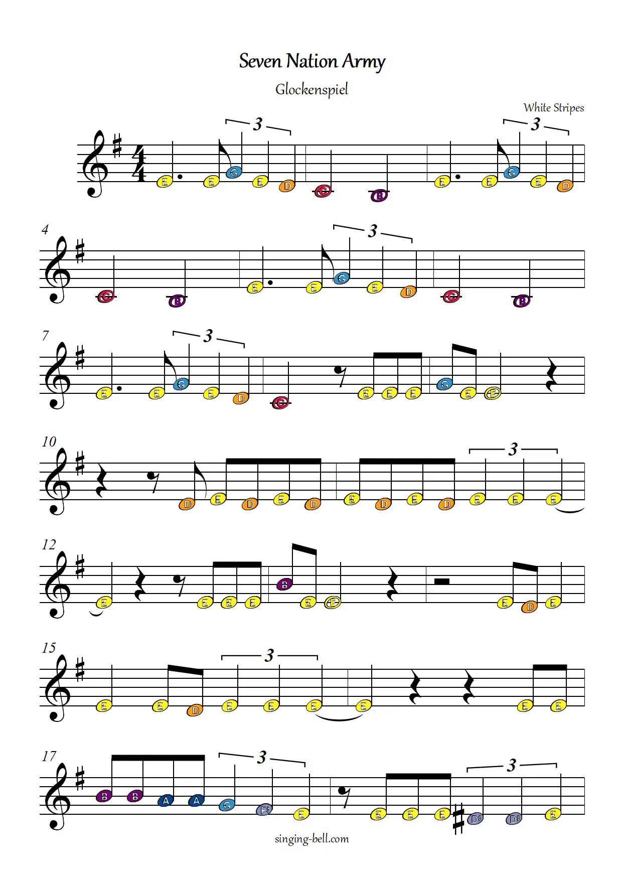 Seven Nation Army free xylophone glockenspiel sheet music color notes chart pdf page-1