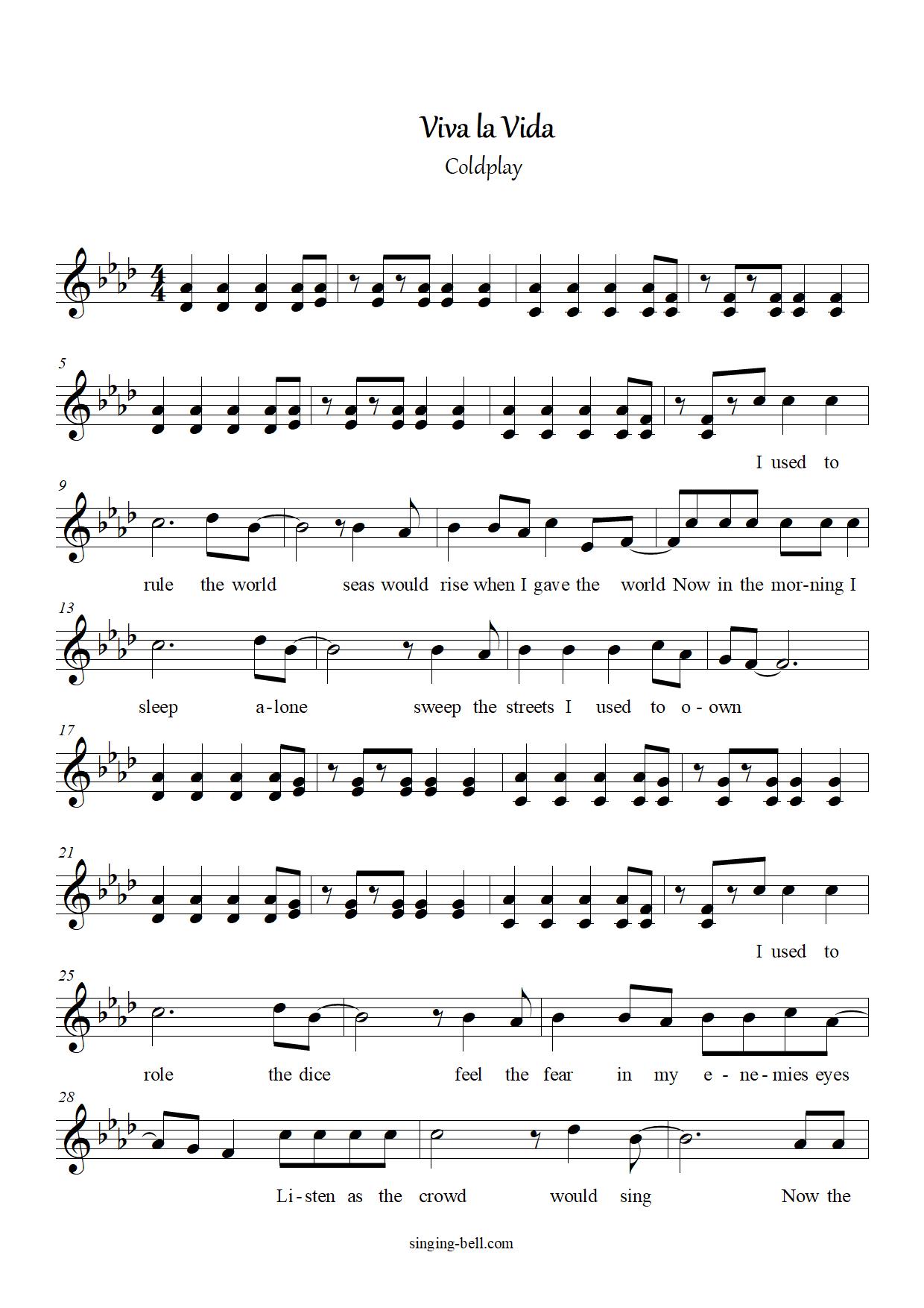 Viva la Vida free xylophone glockenspiel sheet music notes pdf page 1