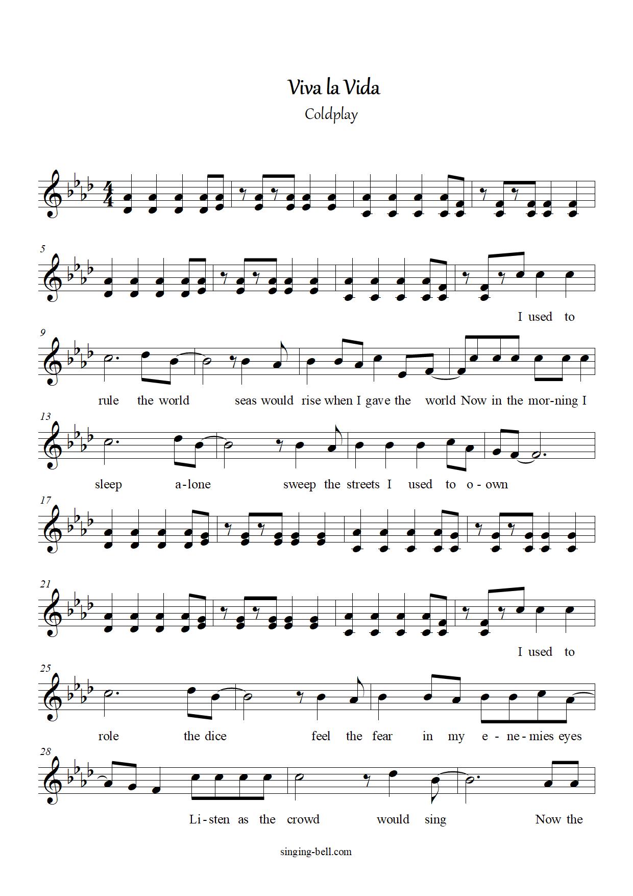 Viva la Vida free xylophone glockenspiel sheet music notes pdf page 1 : Singing Bell Viva la Vida free xylophone glockenspiel sheet music notes pdf page 1