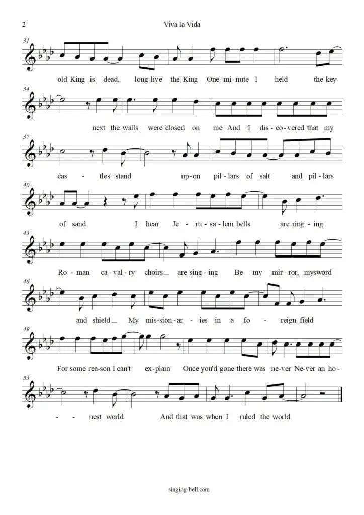Viva la Vida free xylophone glockenspiel sheet music notes pdf page 2