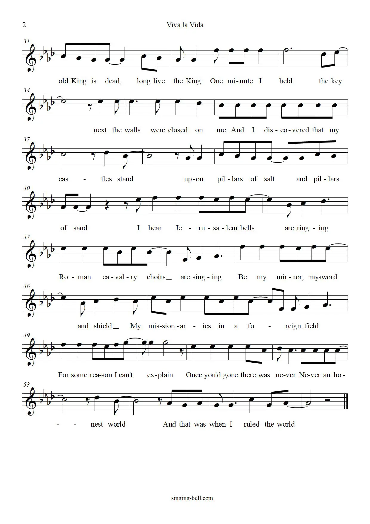Viva la Vida free xylophone glockenspiel sheet music notes pdf page 2