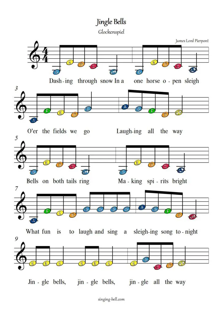 Jingle Bells xylophone glockenspiel sheet music color notes chart page 1