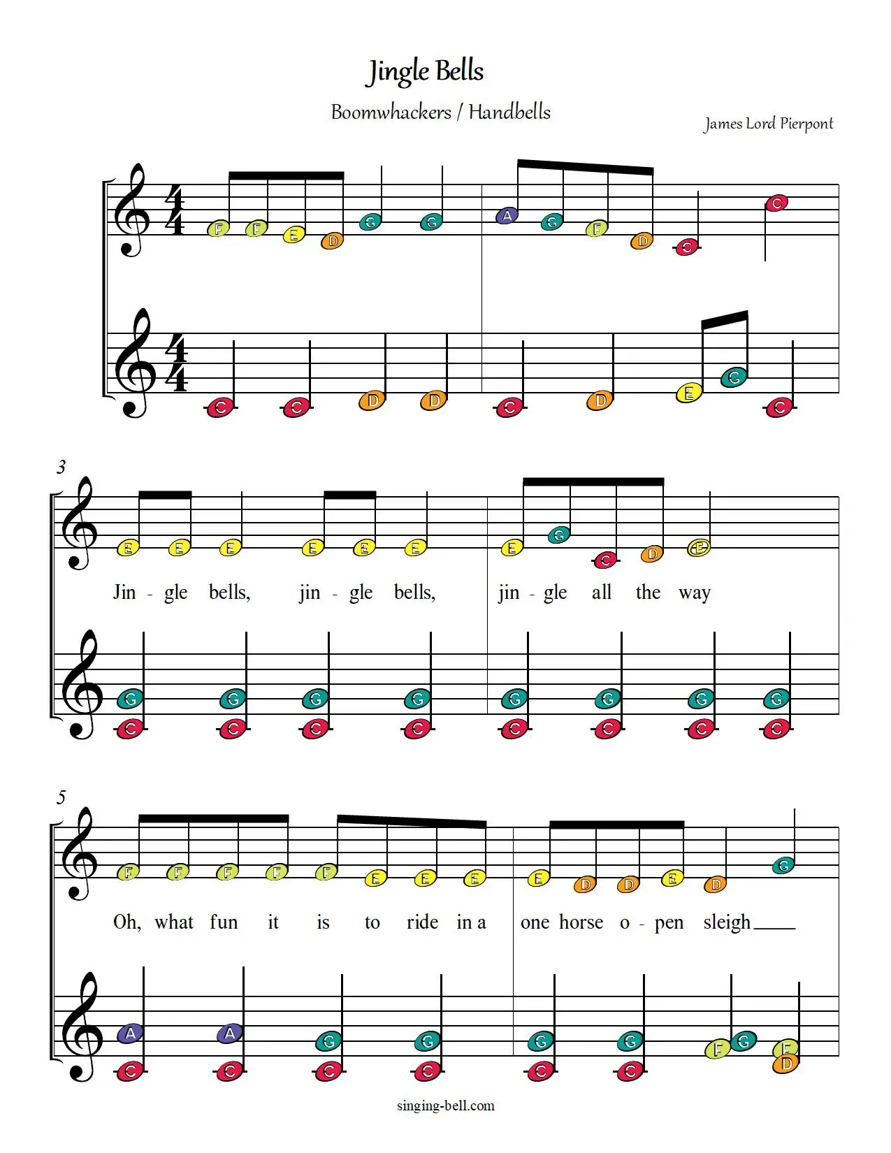 Jingle-Bells arrangement free boomwhackers hadbells sheet music color notes chart pdf page 1