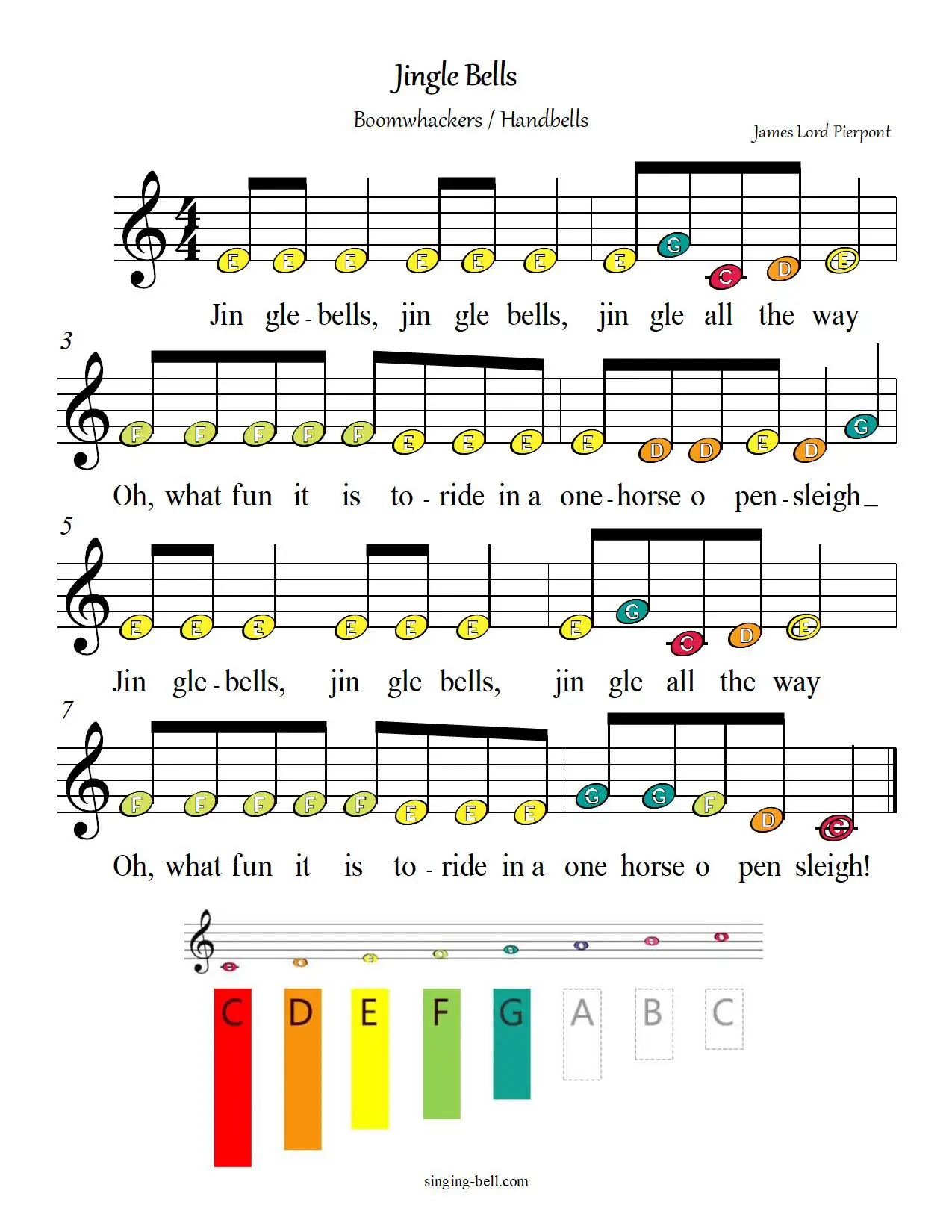 Jingle-Bells free boomwhackers hadbells sheet music color notes chart pdf