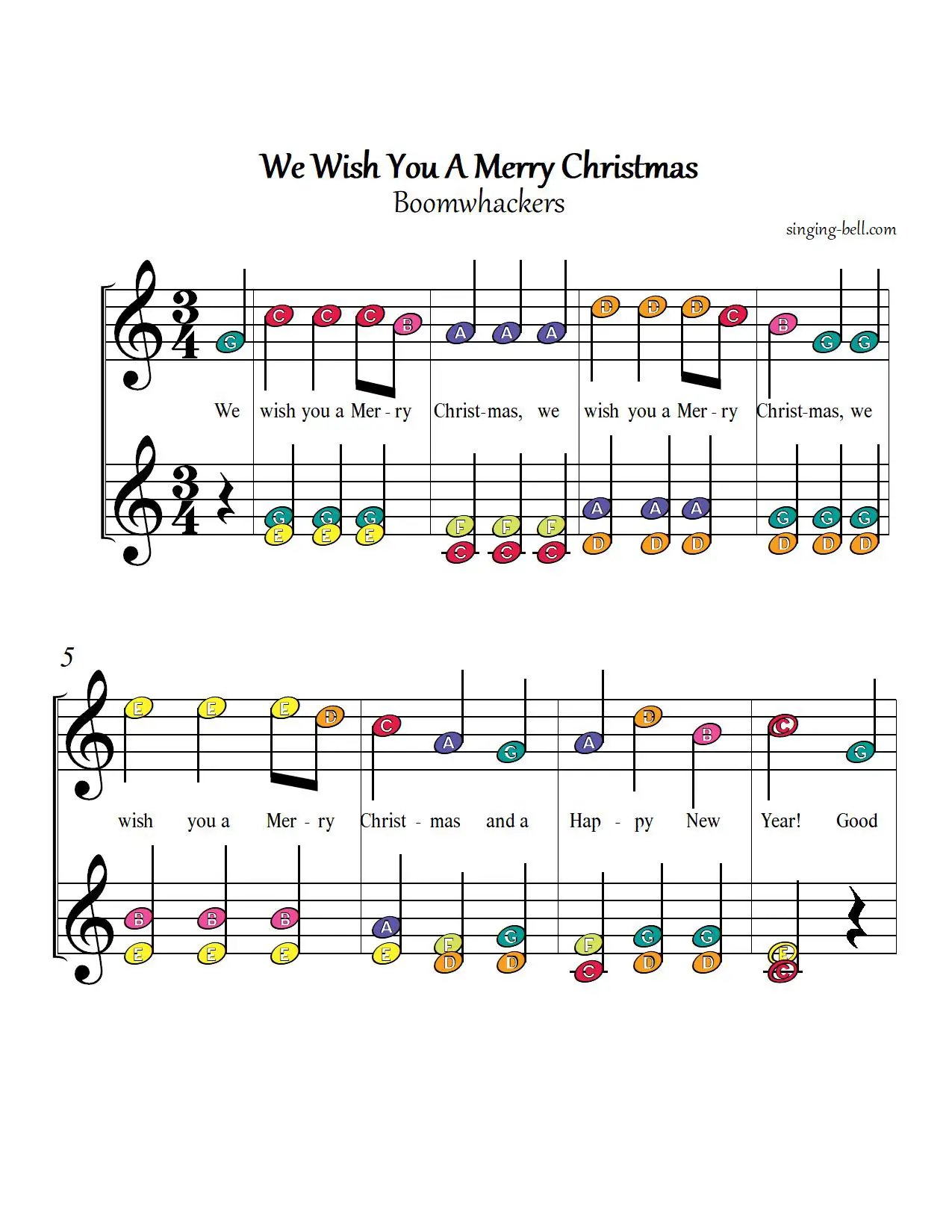 We wish you a merry Christmas free boomwhackers handbells chords sheet music color notes chart pdf p.1