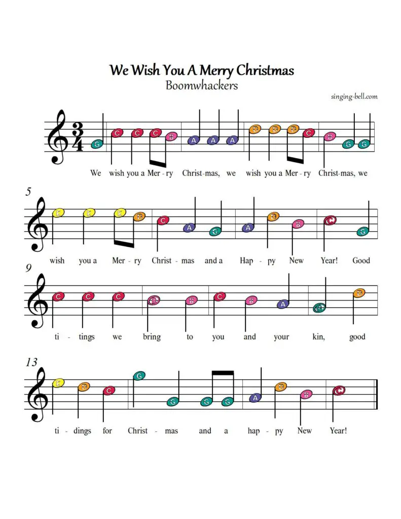 We wish you a merry Christmas free boomwhackers handbells sheet music color notes chart pdf