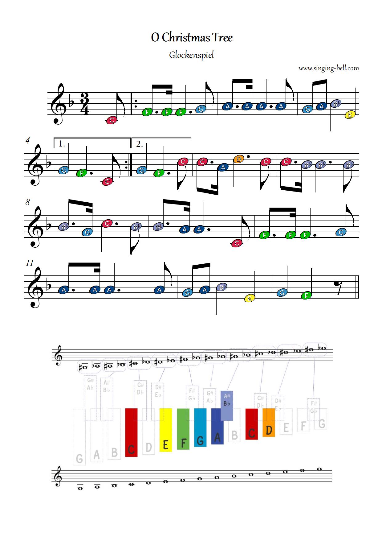 O Christmas Tree - Glockenspiel / Xylophone Sheet Music color notes chart : Singing Bell Christmas Tree O Tannenbaum free xylophone glockenspiel sheet music color notes chart pdf
