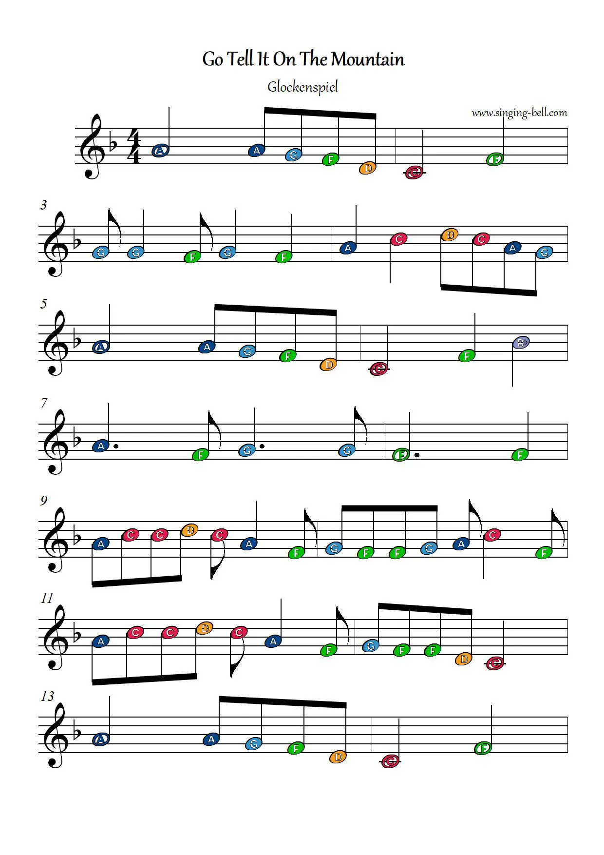 GoTell It On The Mountain free xylophone glockenspiel sheet music color notes chart pdf p.1