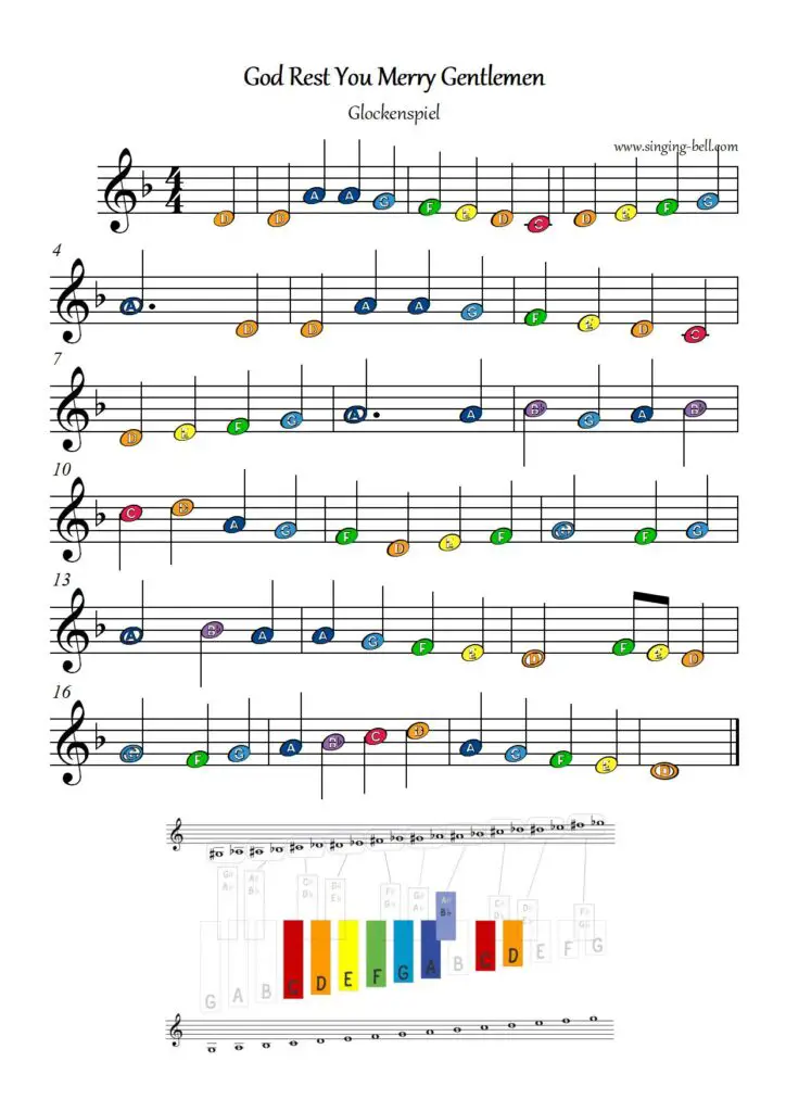 God rest you merry Gentlemen free xylophone glockenspiel sheet music color notes chart pdf