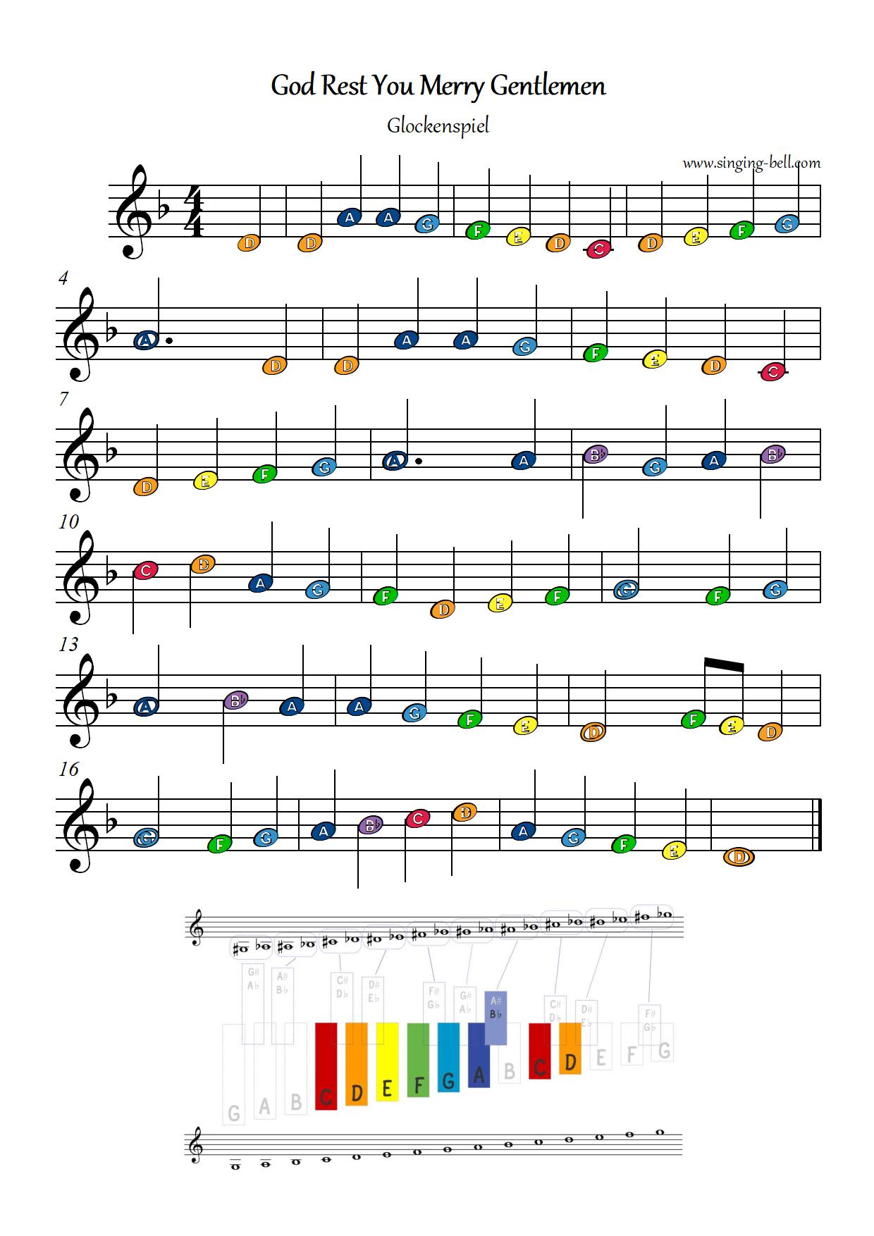 God rest you merry_Glockenspiel_Singing Bell : Singing Bell God rest you merry Gentlemen free xylophone glockenspiel sheet music color notes chart pdf