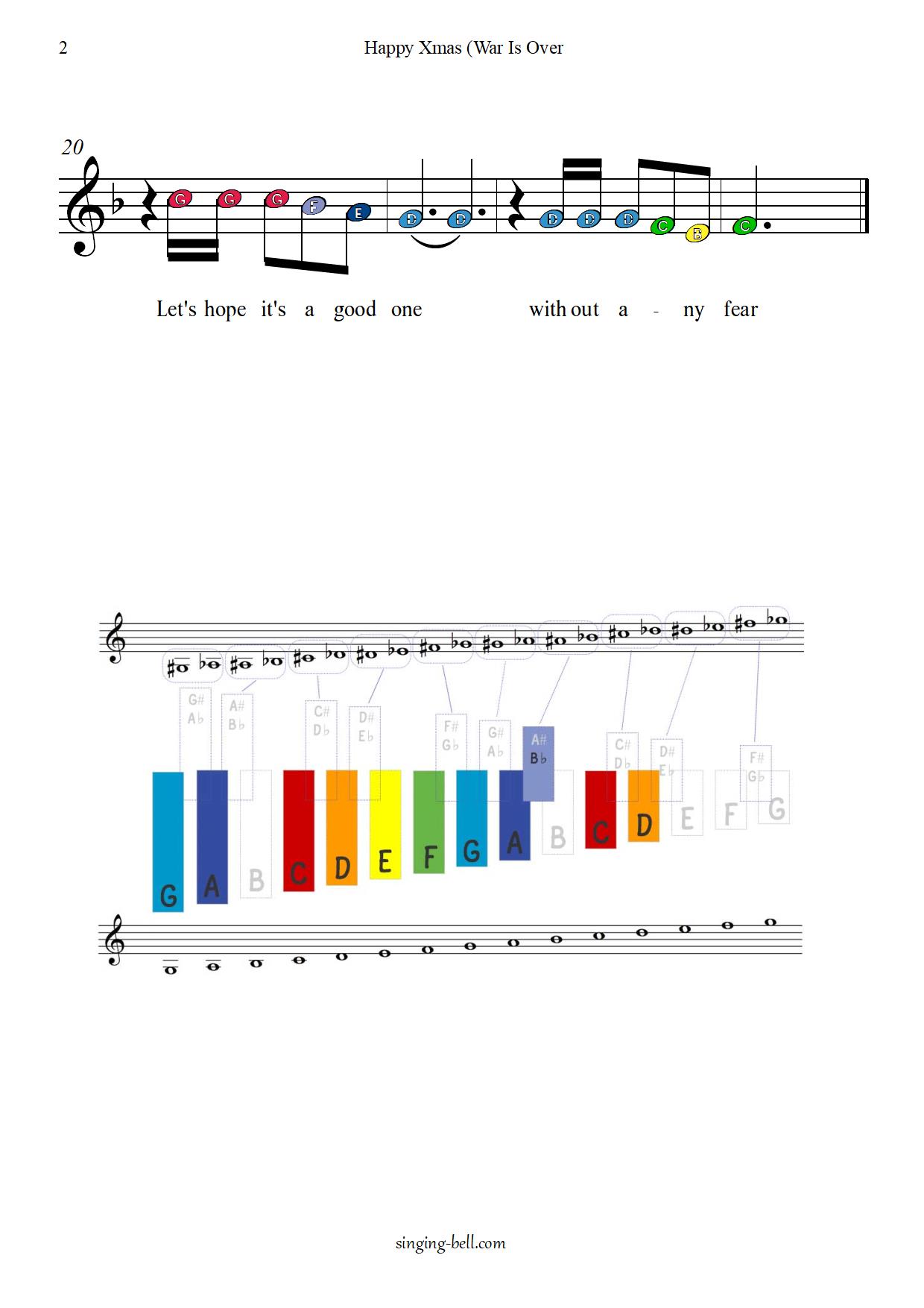 Happy Xmas_Glockenspiel_2_Singing-Bell : Singing Bell Happy Xmas War is over free xylophone glockenspiel sheet music color notes chart pdf p.2