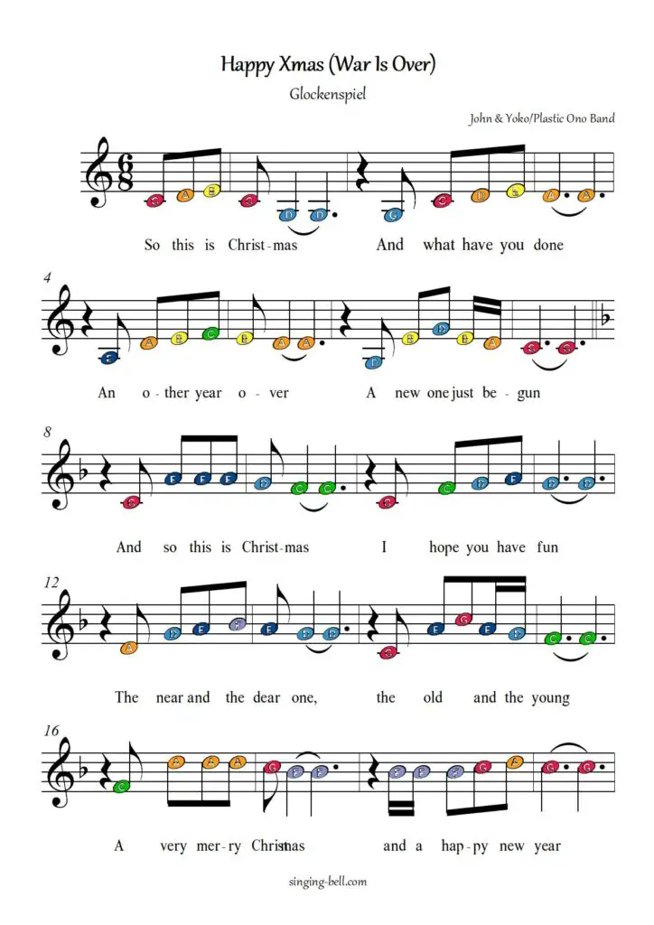 Happy Xmas War is over free xylophone glockenspiel sheet music color notes chart page 1