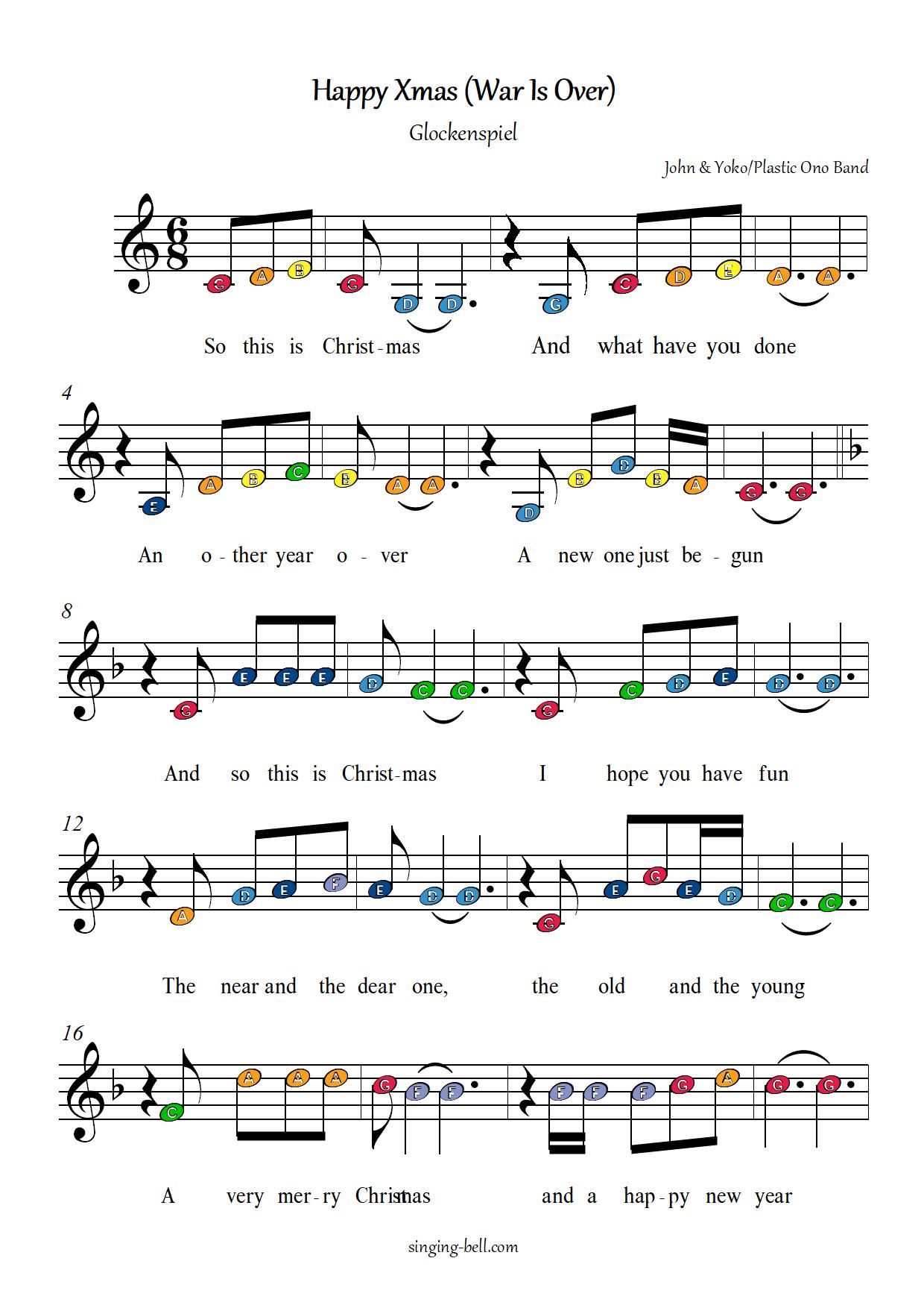 Happy Xmas War is over free xylophone glockenspiel sheet music color notes chart pdf p.1