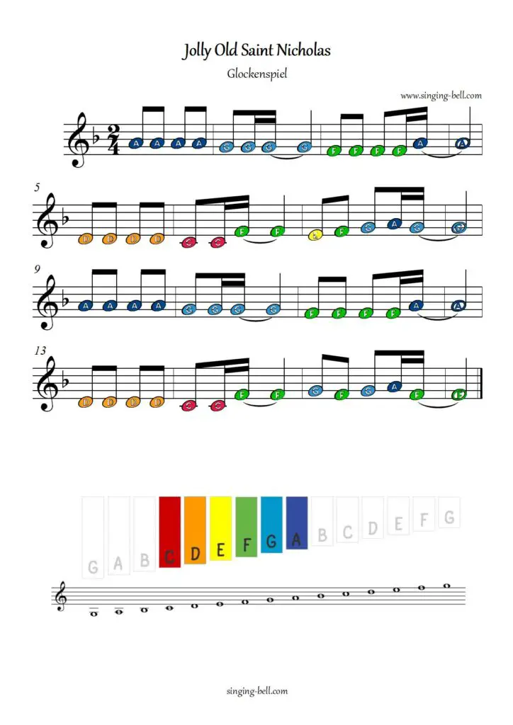 Jolly Old Saint Nicolas free xylophone glockenspiel sheet music color notes chart pdf
