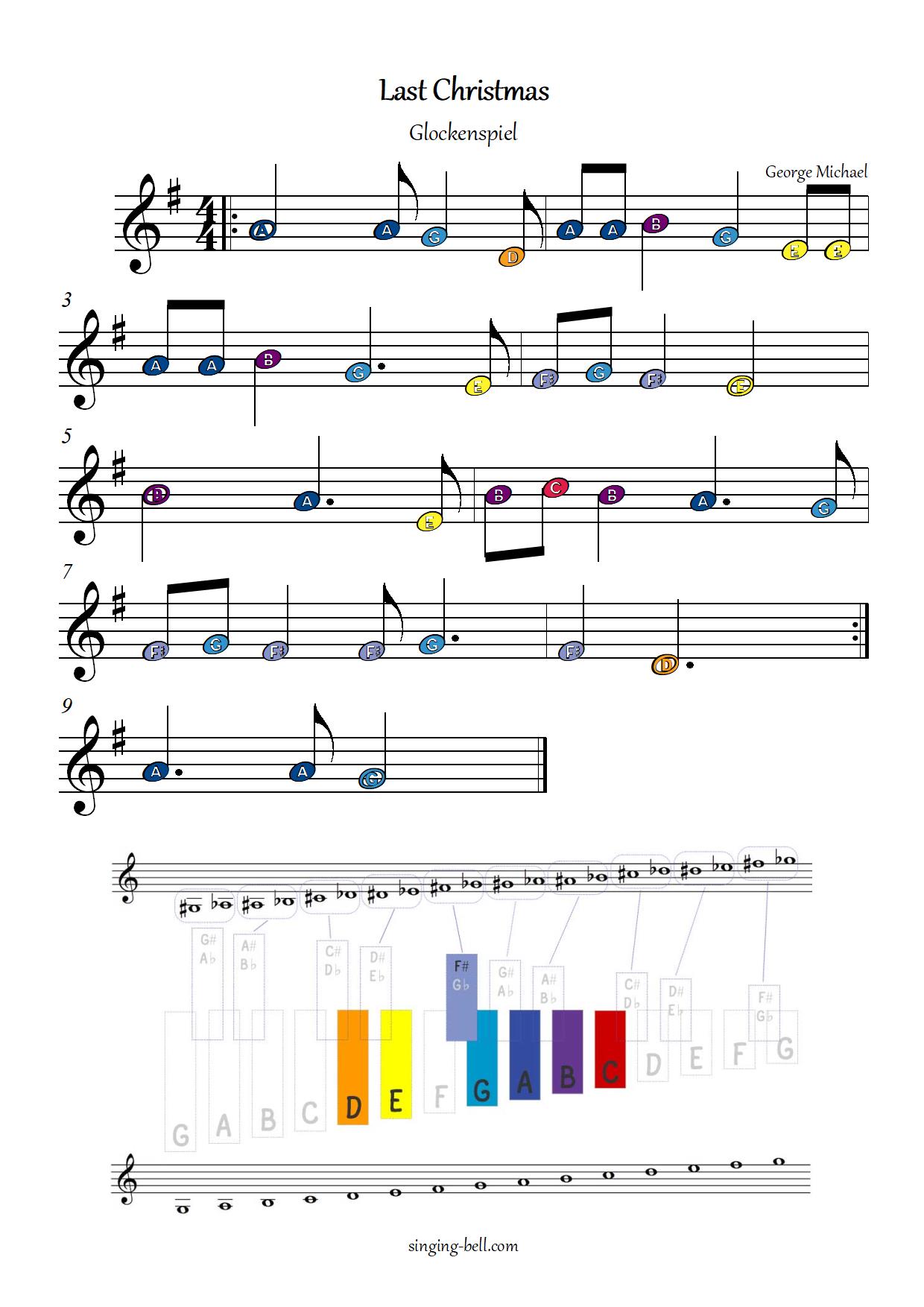 Last Christmas_Glockenspiel_SInging-Bell : Singing Bell Last Christmas free xylophone glockenspiel sheet music color notes chart pdf