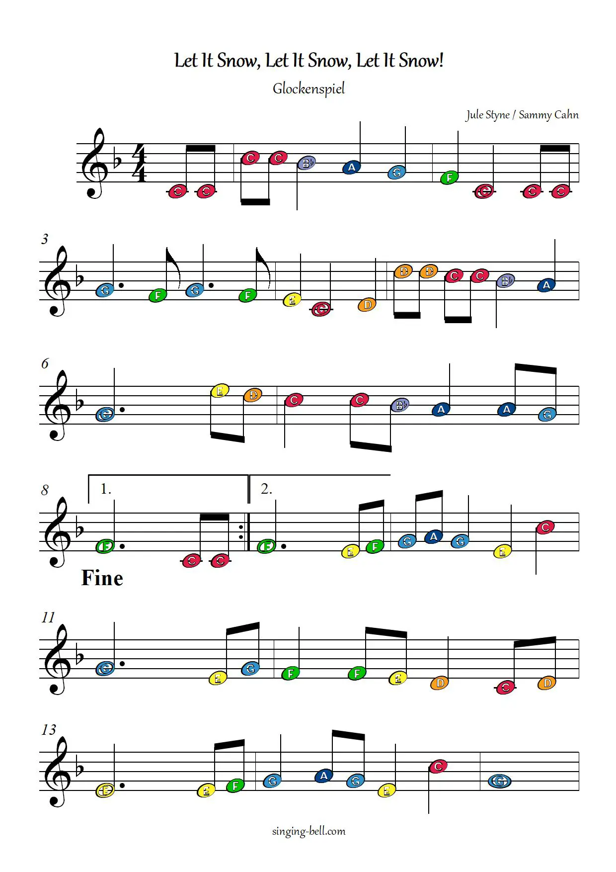 Let it snow free xylophone glockenspiel sheet music color notes chart pdf p.1