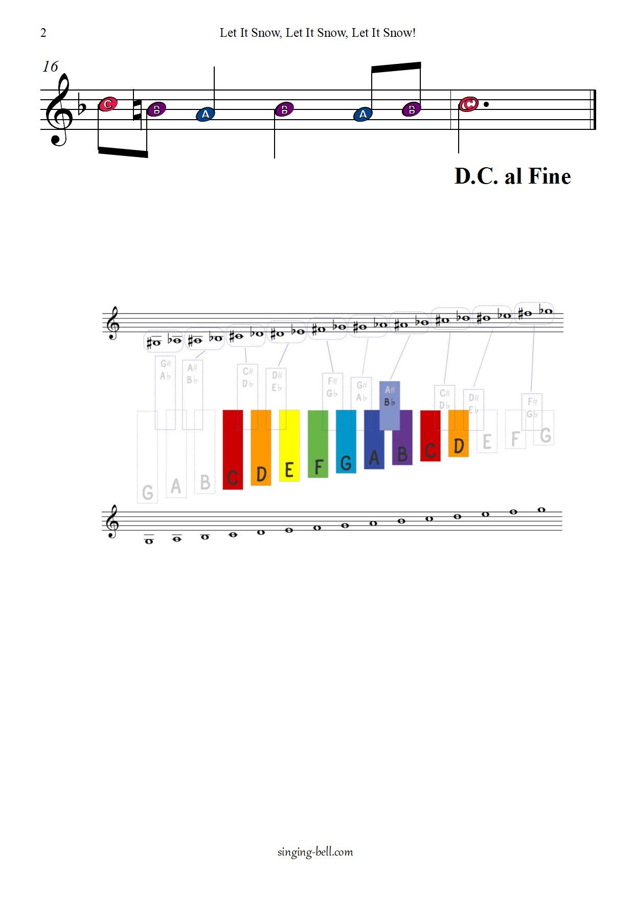 Let it snow_Glockenspiel_2_singing-bell : Singing Bell Let it snow free xylophone glockenspiel sheet music color notes chart pdf p.2