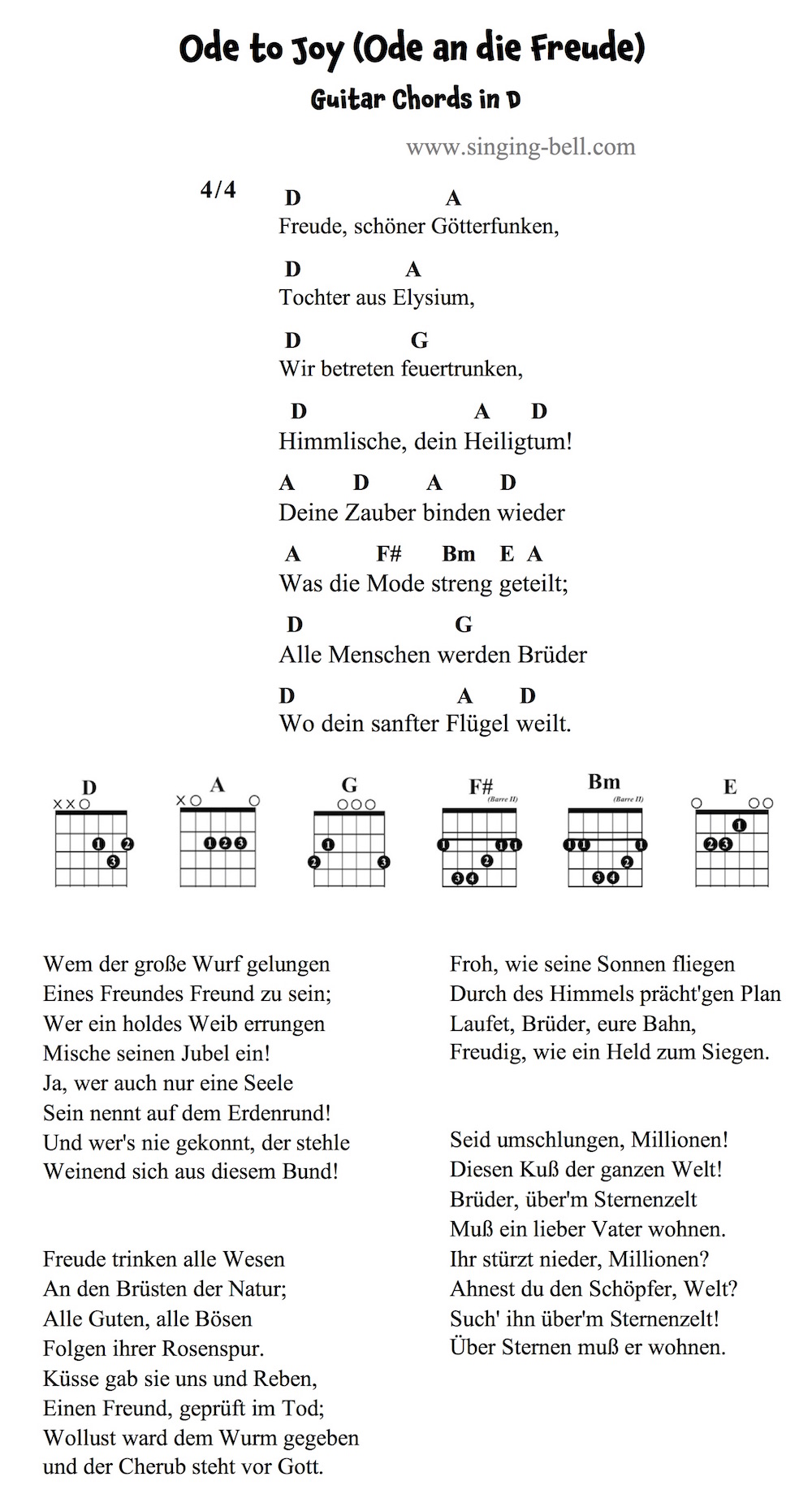 Ode to Joy (Ode an die Freude) Guitar Chords and Tabs in D major.