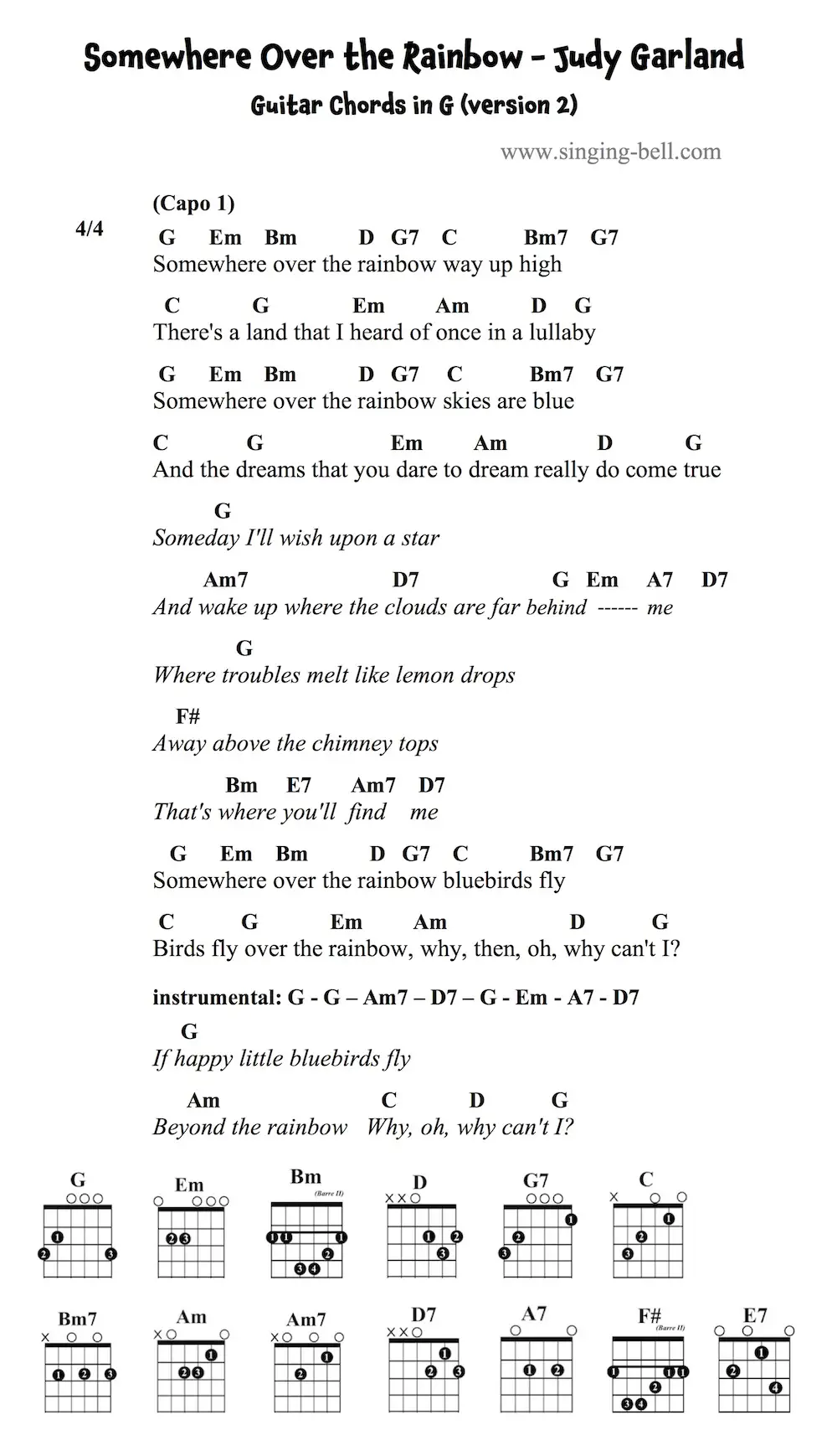 Somewhere Over the Rainbow Judy Garland guitar chords and tabs in the key of G.
