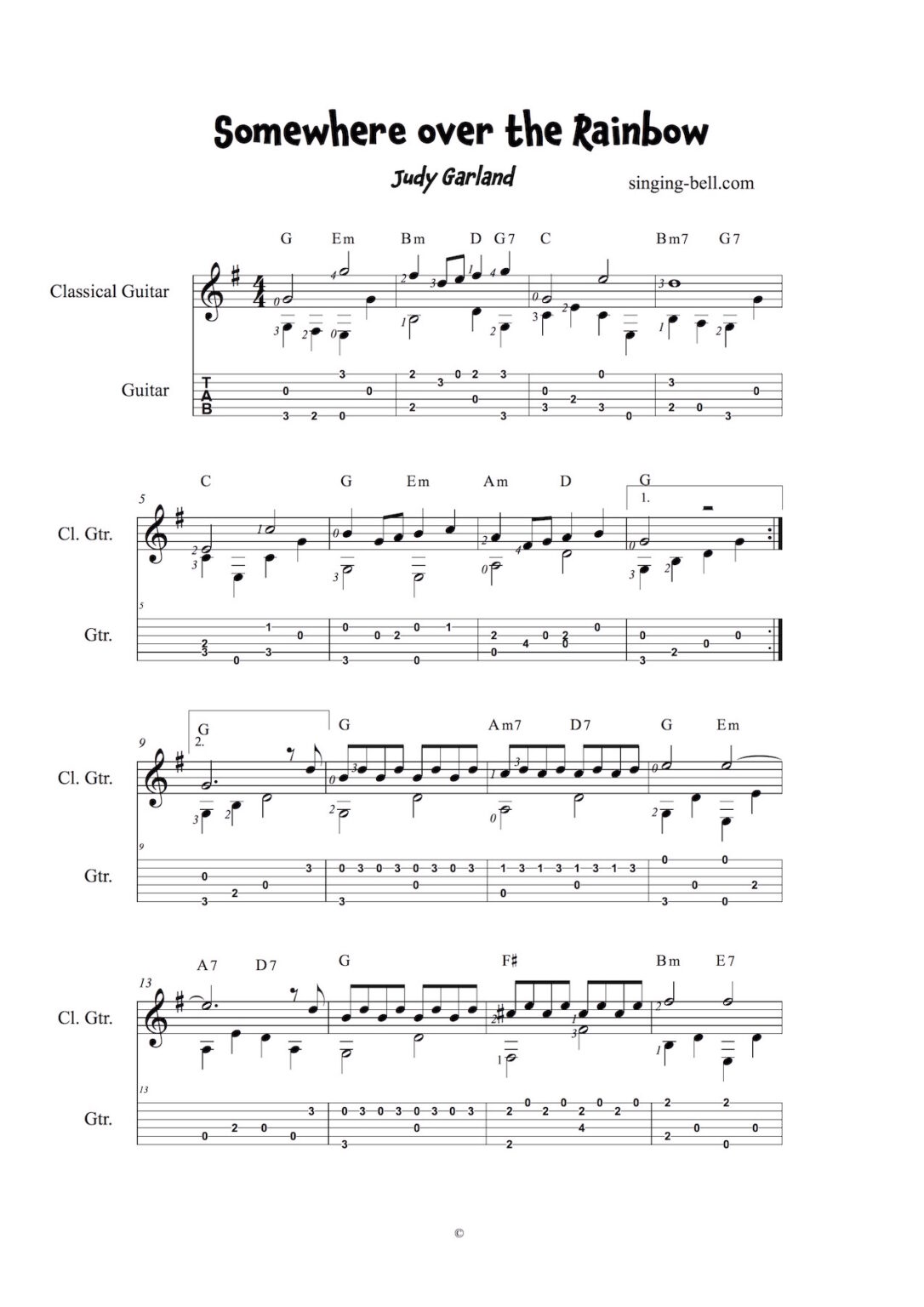 Somewhere Over the Rainbow Guitar Chords Tabs Sheet Music