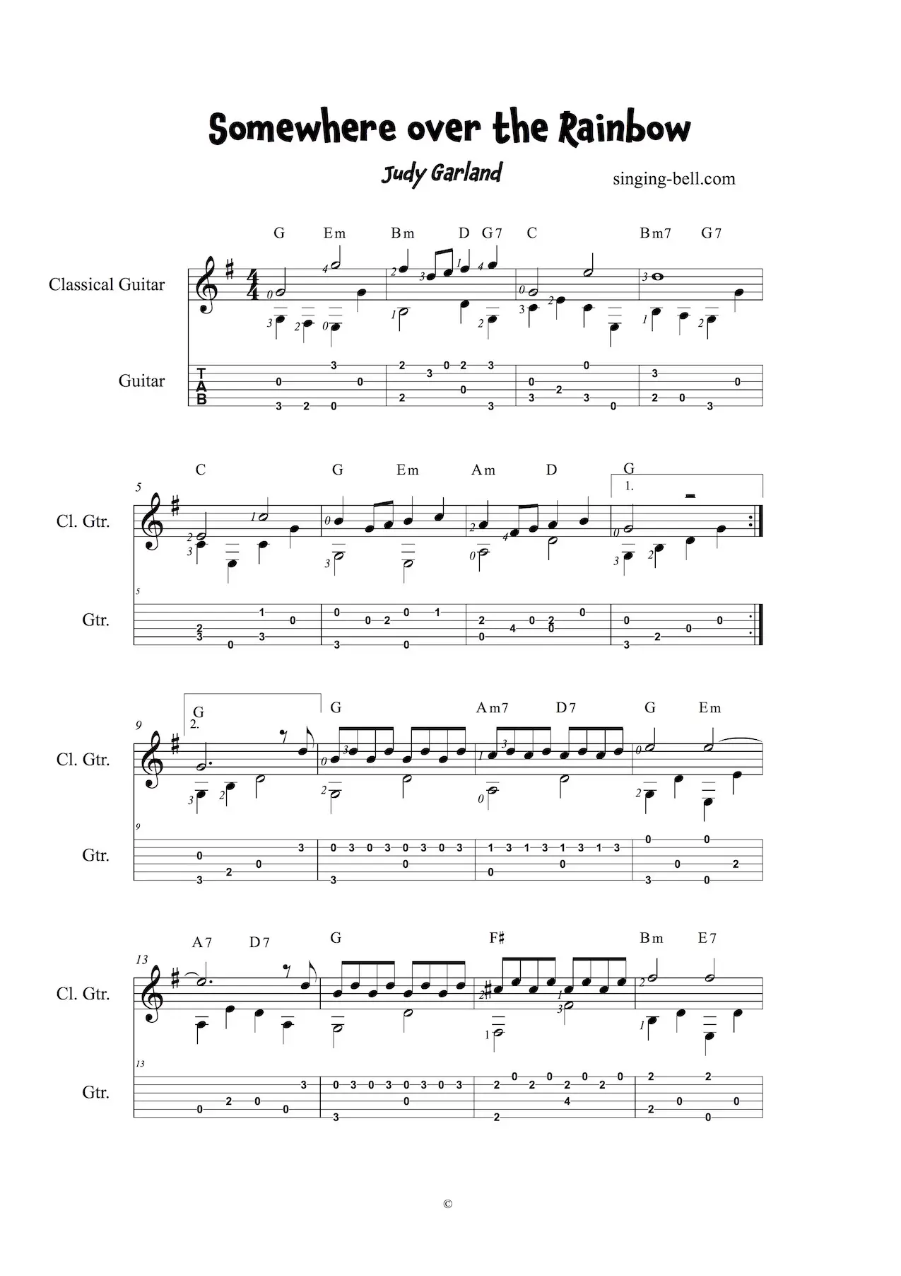 Somewhere over the Rainbow Judy Garland easy beginners fingerstyle guitar sheet music with notes and tablature in the key of G - page 1.