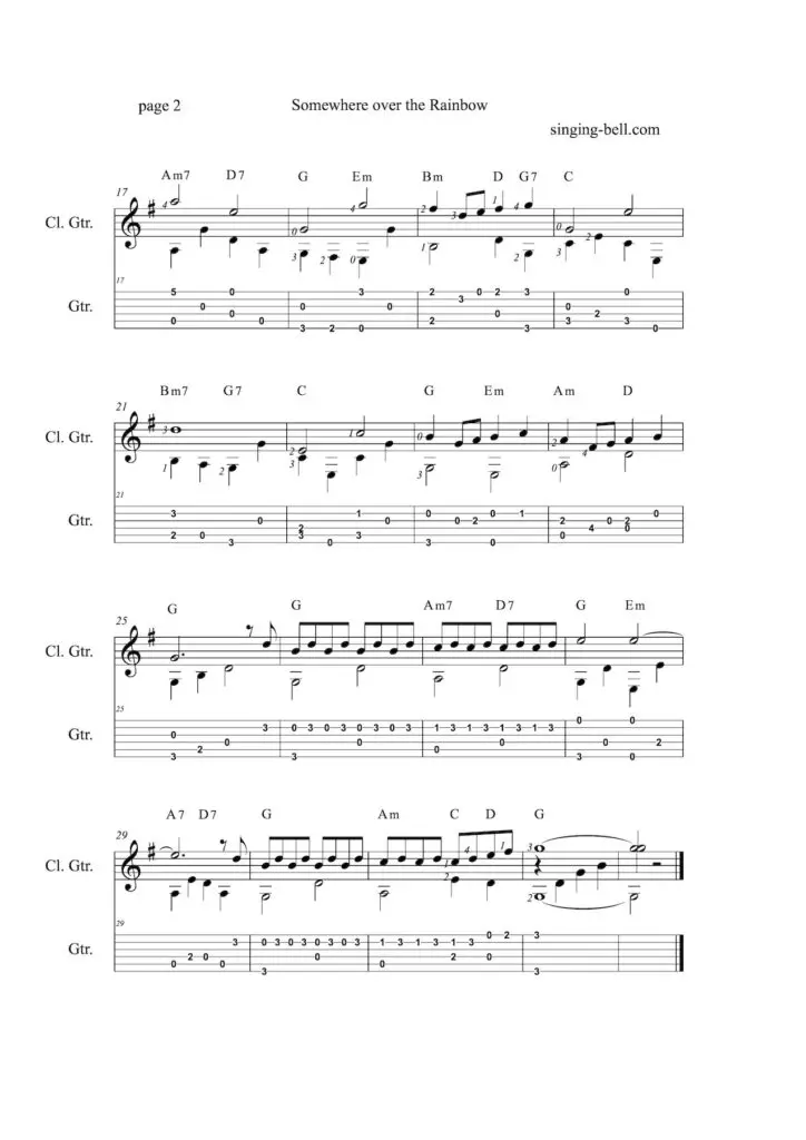 Somewhere over the Rainbow Judy Garland easy beginners fingerstyle guitar sheet music with notes and tablature in the key of G - page 2.