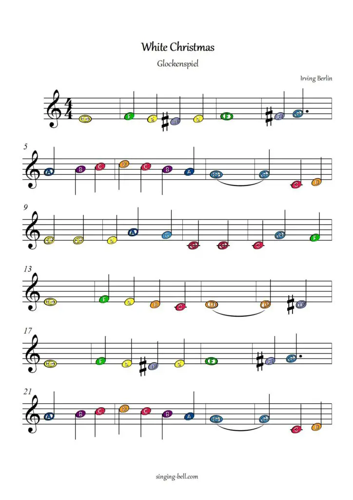 White Christmas free xylophone glockenspiel sheet music color notes chart p.1