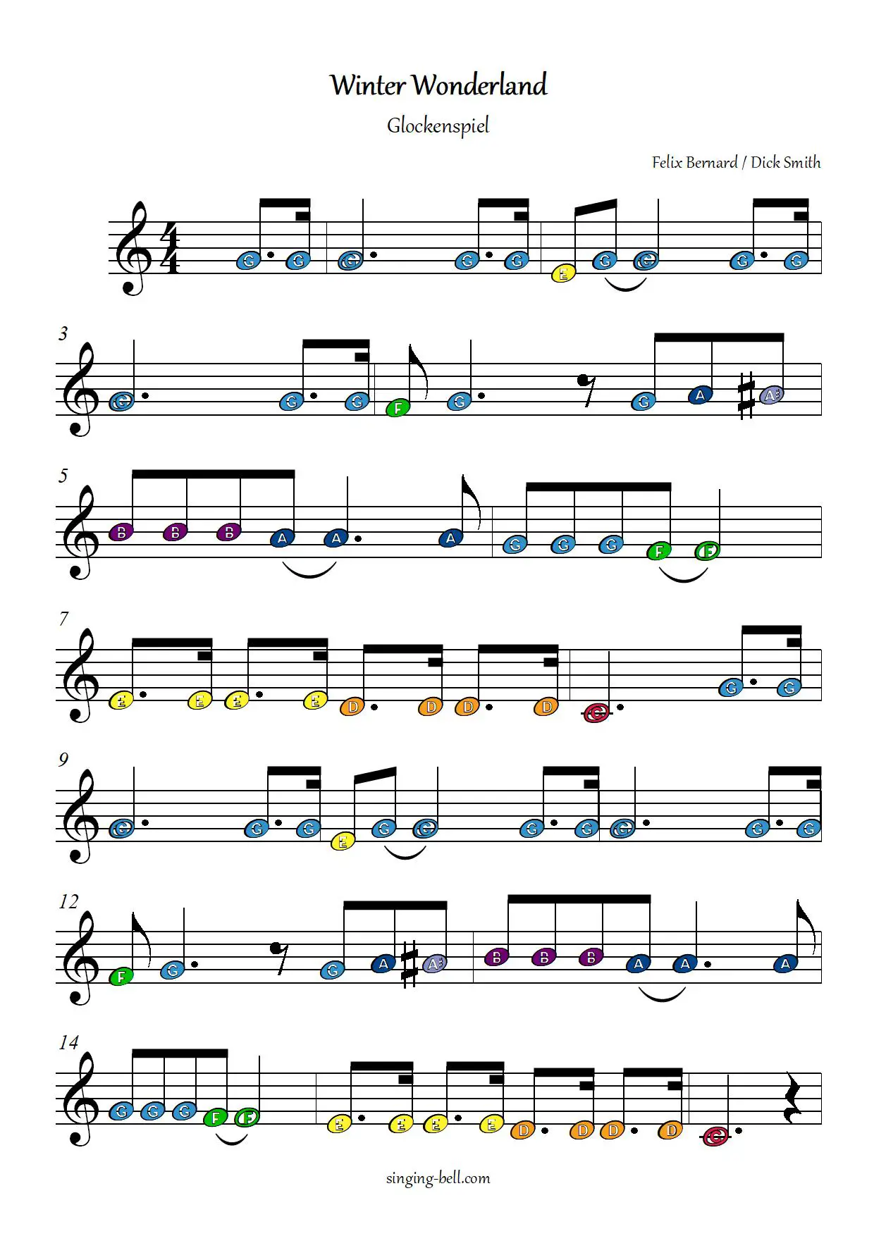 Winter Wonderland free xylophone glockenspiel sheet music color notes chart pdf p.1