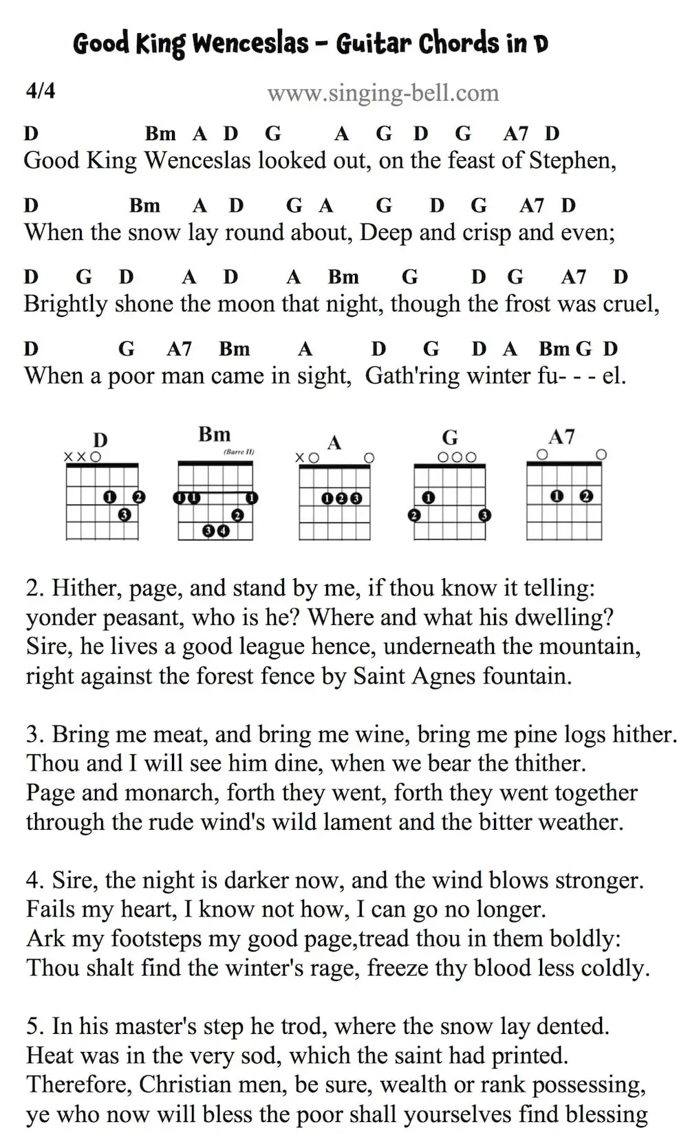 Good King Wenceslas easy Guitar Chords and Tabs in the key of D.