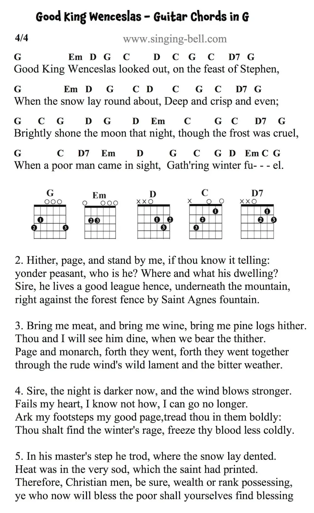 Good King Wenceslas easy Guitar Chords and Tabs in the key of G.