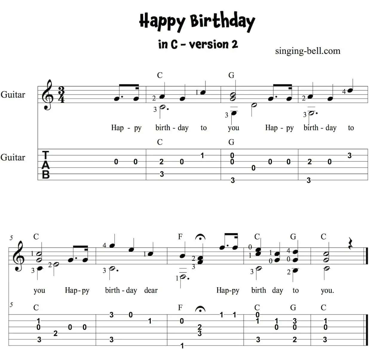Happy Birthday Song - easy guitar sheet music with notes and Tablature in C - version 2.