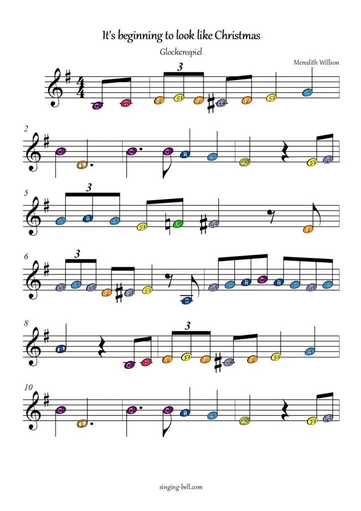 It's beginning to look a Lot like Christmas free xylophone glockenspiel sheet music color notes chart page 1
