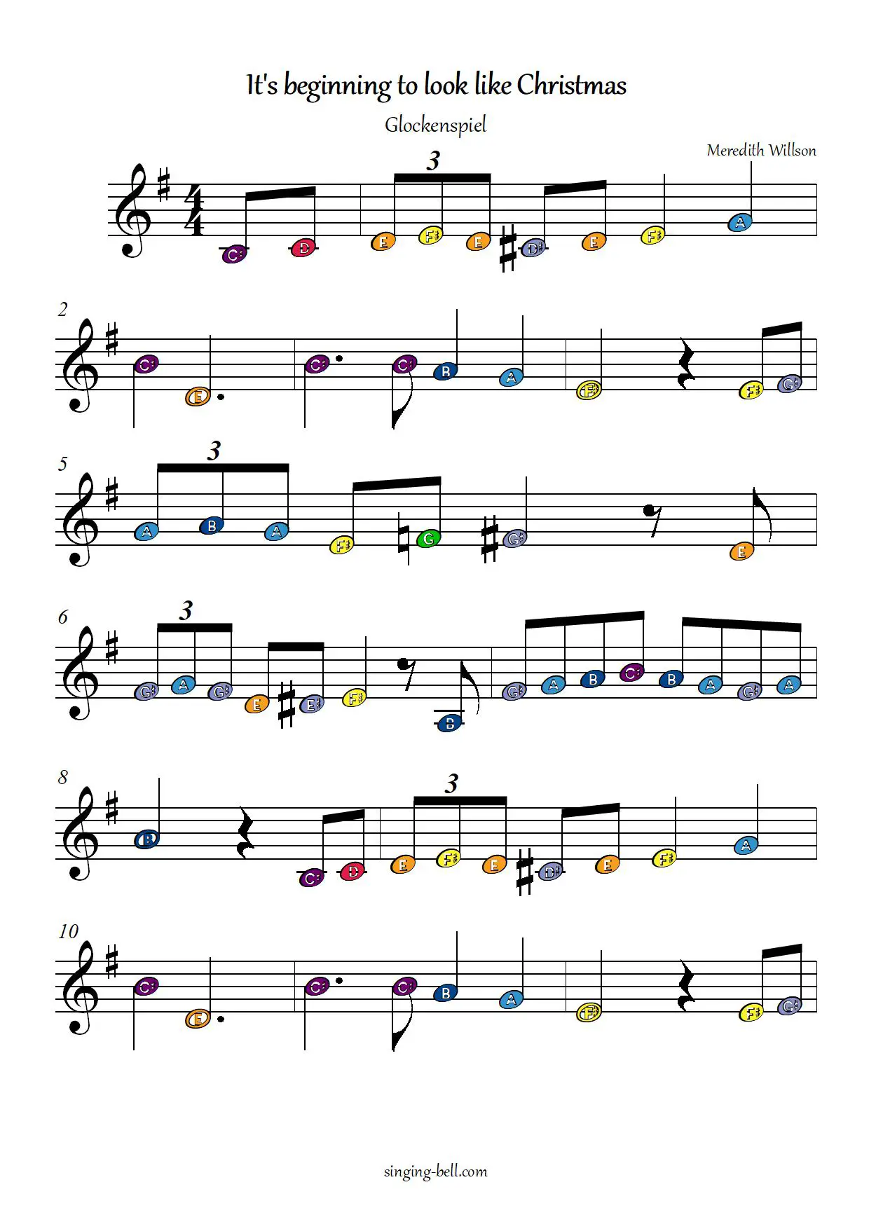 It's beginning to look like Christmas free xylophone glockenspiel sheet music color notes chart pdf p.1