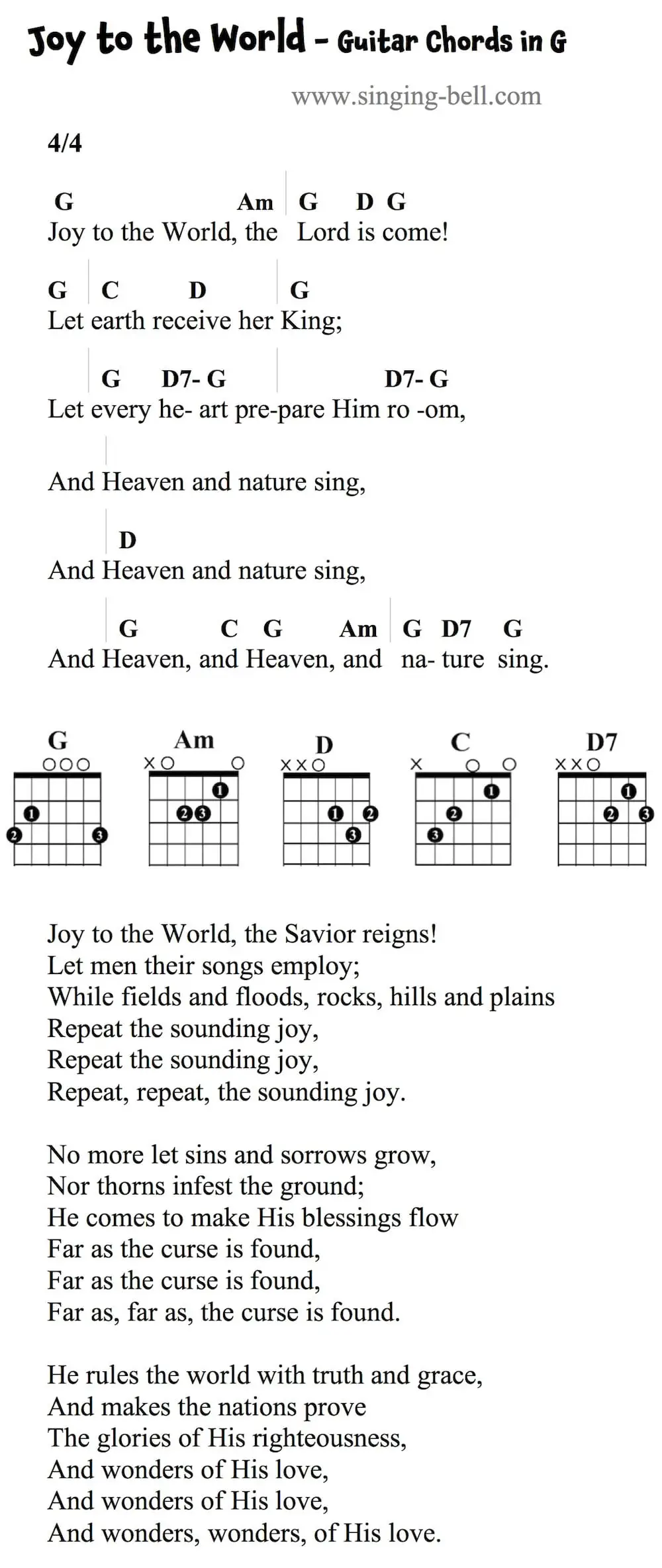 Joy to the World easy Guitar Chords and Tabs in G.
