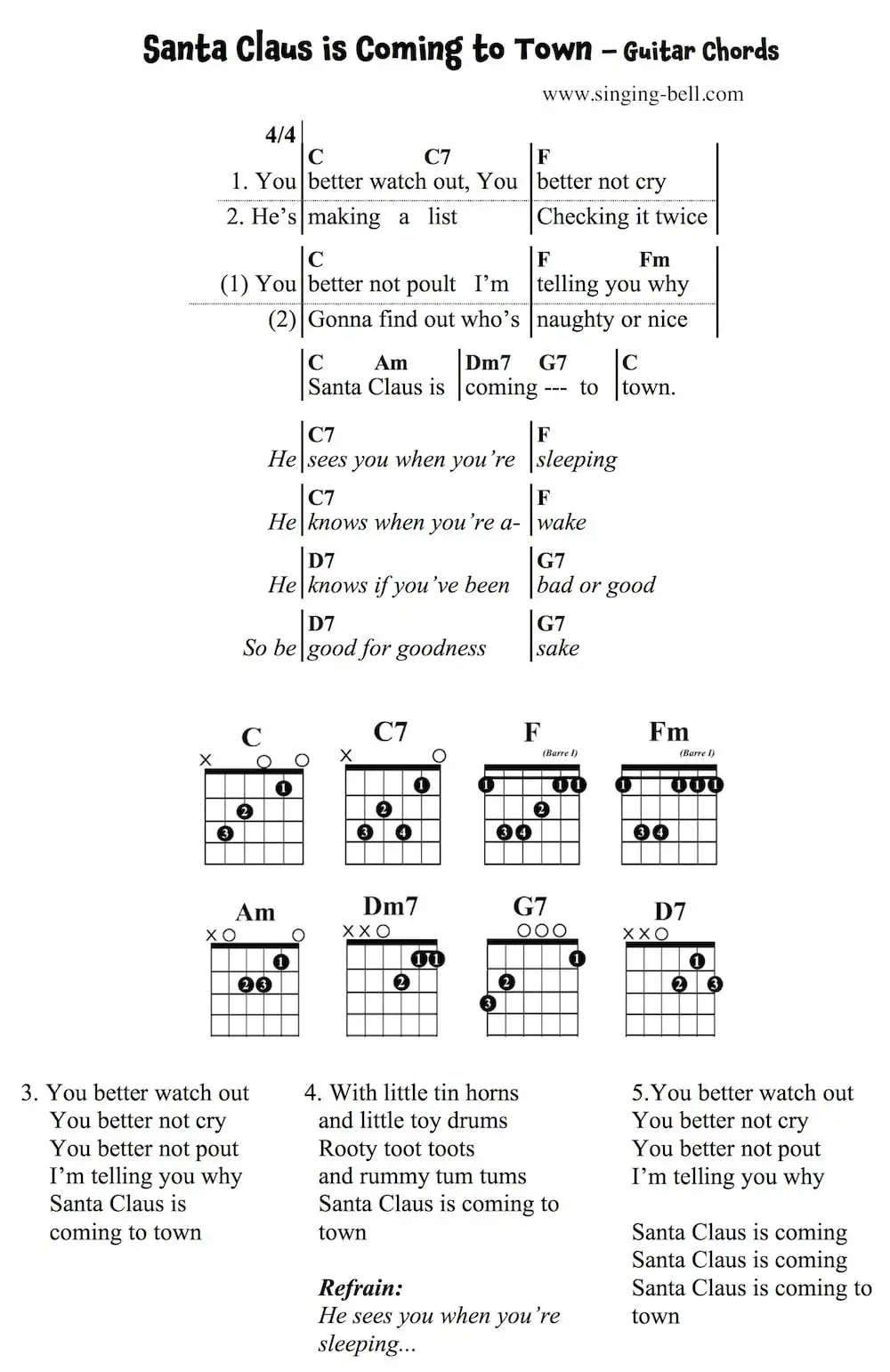 Santa Claus is Coming to Town easy Guitar Chords and Tabs.