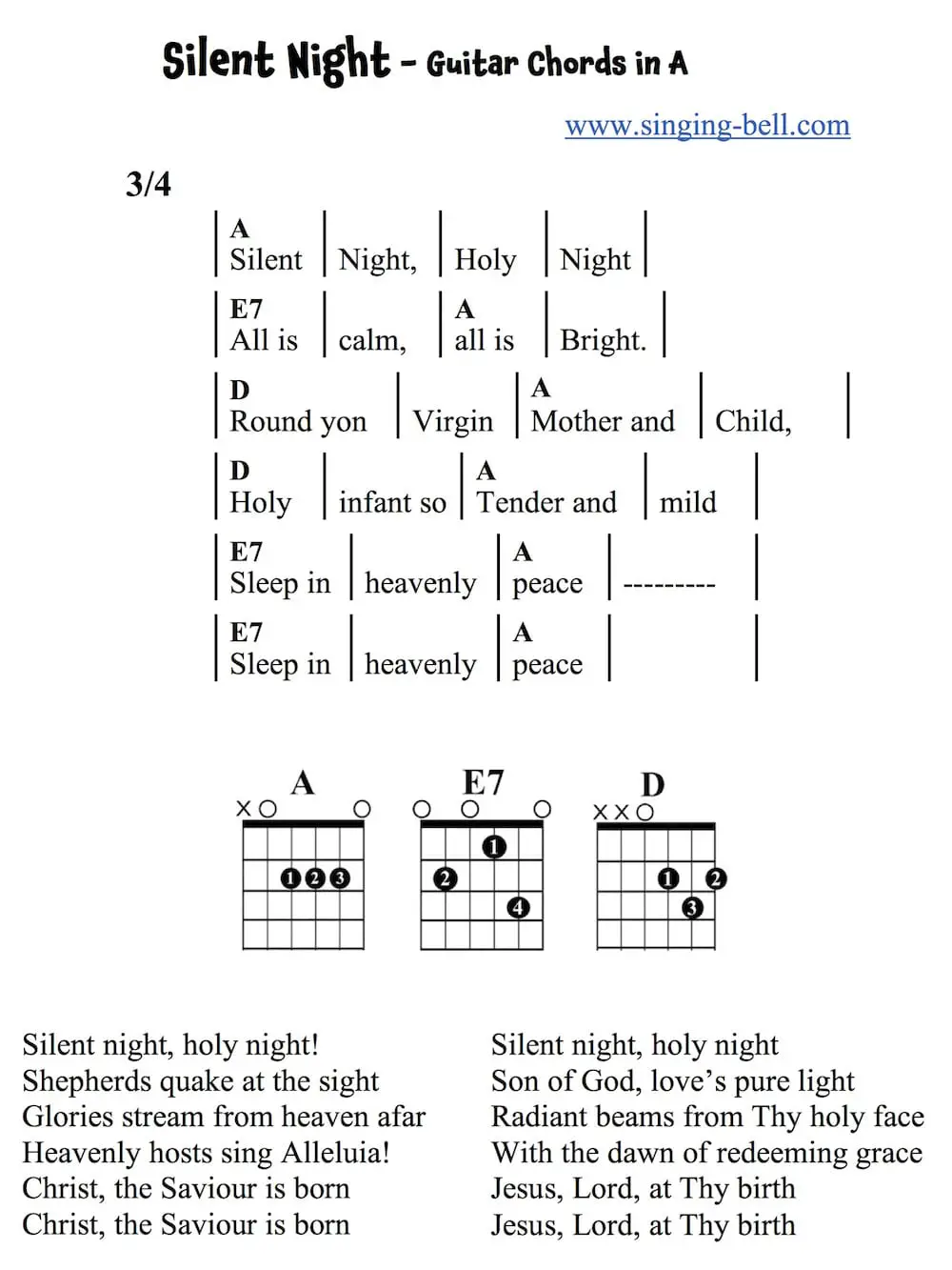Silent Night easy Guitar Chords and Tabs in A.