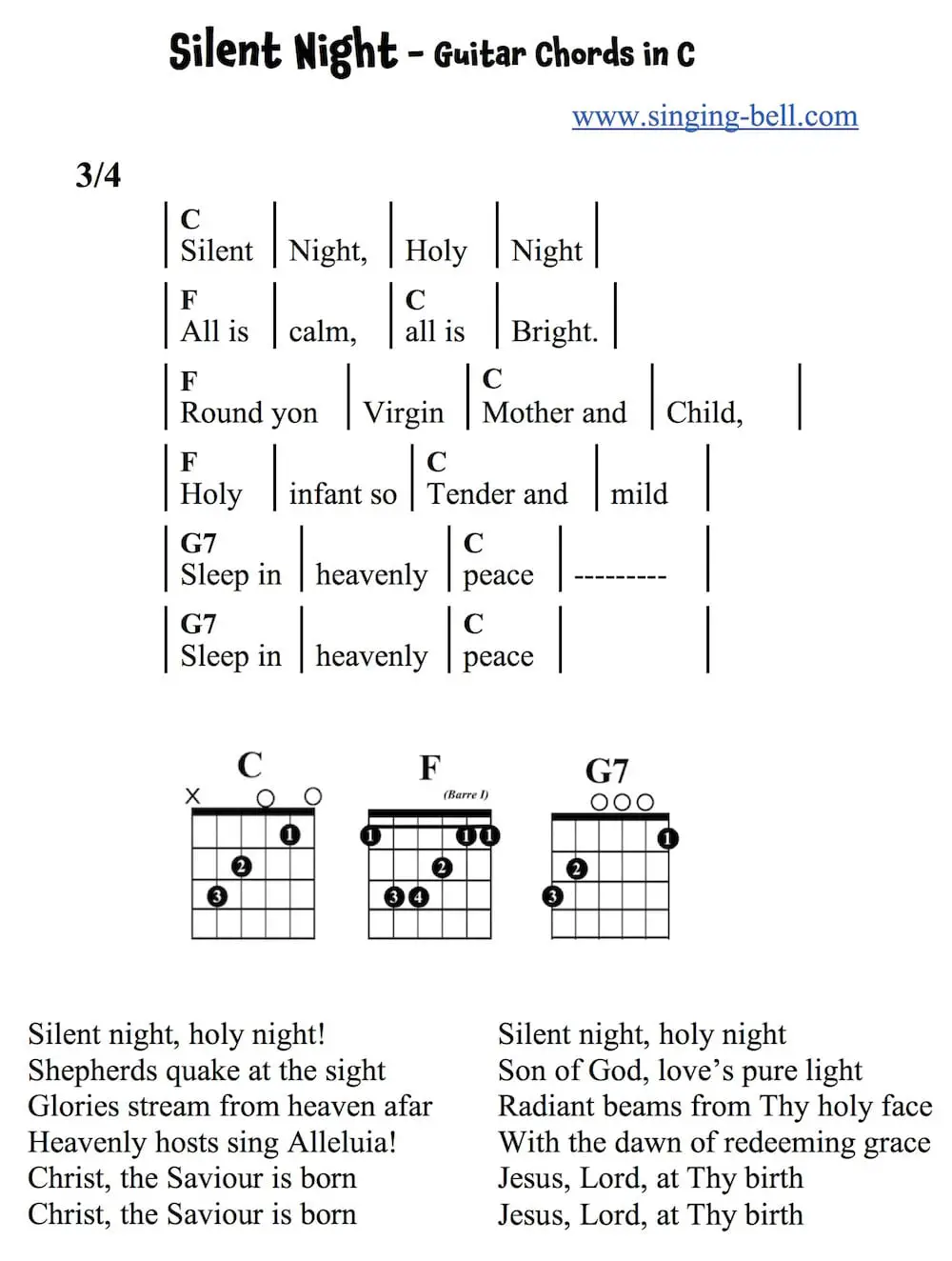 Silent Night easy Guitar Chords and Tabs in C.