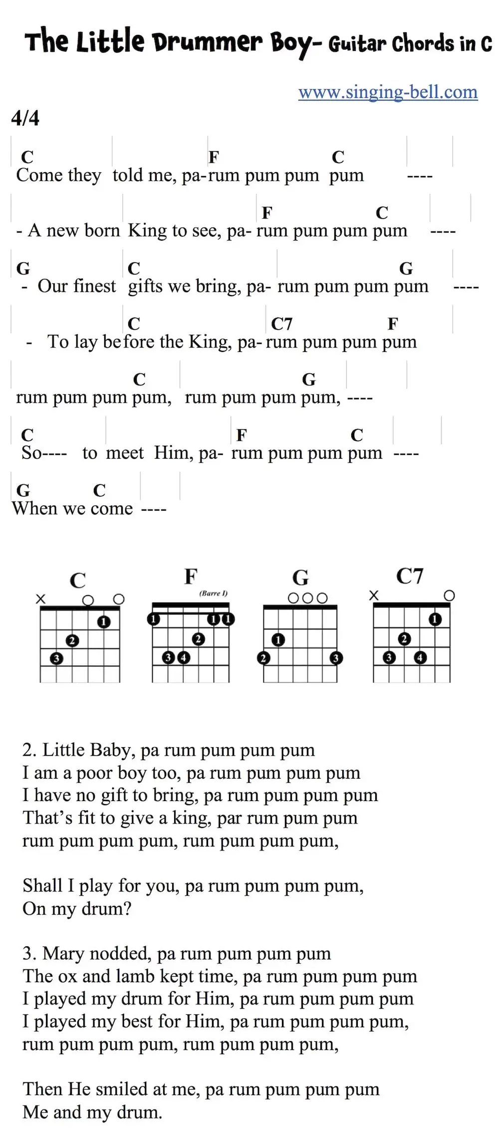 The Little Drummer Boy - easy guitar chords and tabs in C.