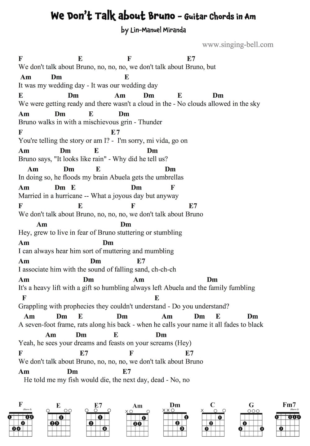 We Don : Singing Bell't Talk About Bruno Guitar Chords and Tabs in Am - page 1. We Don't Talk About Bruno Encanto easy Guitar Chords and Tabs in Am - page 1.