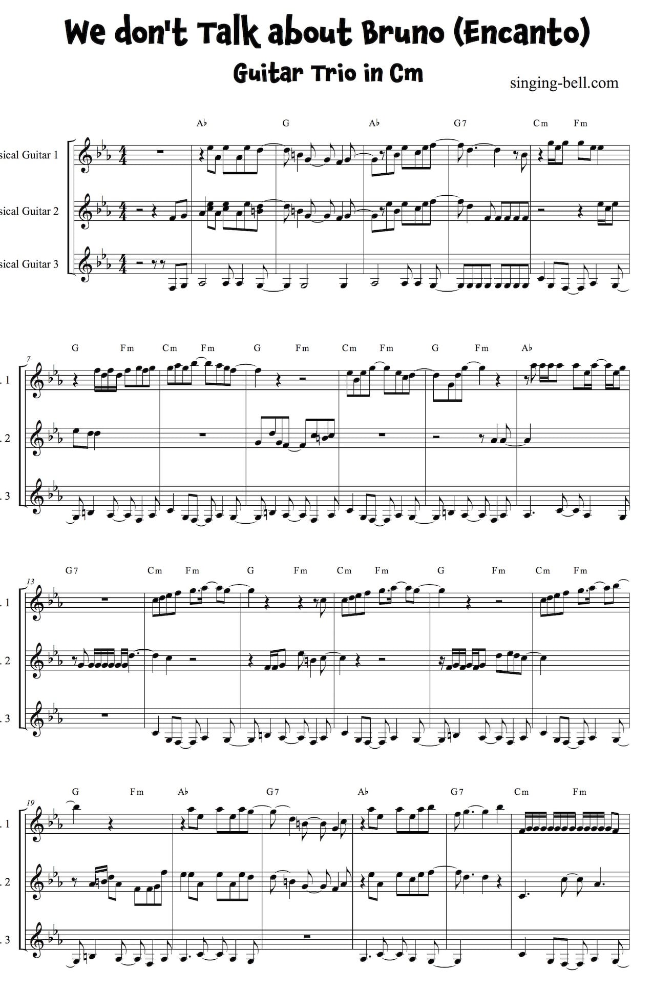 We Don't Talk About Bruno Encanto easy Guitar Trio Sheet Music Notes in Cm - page 1.