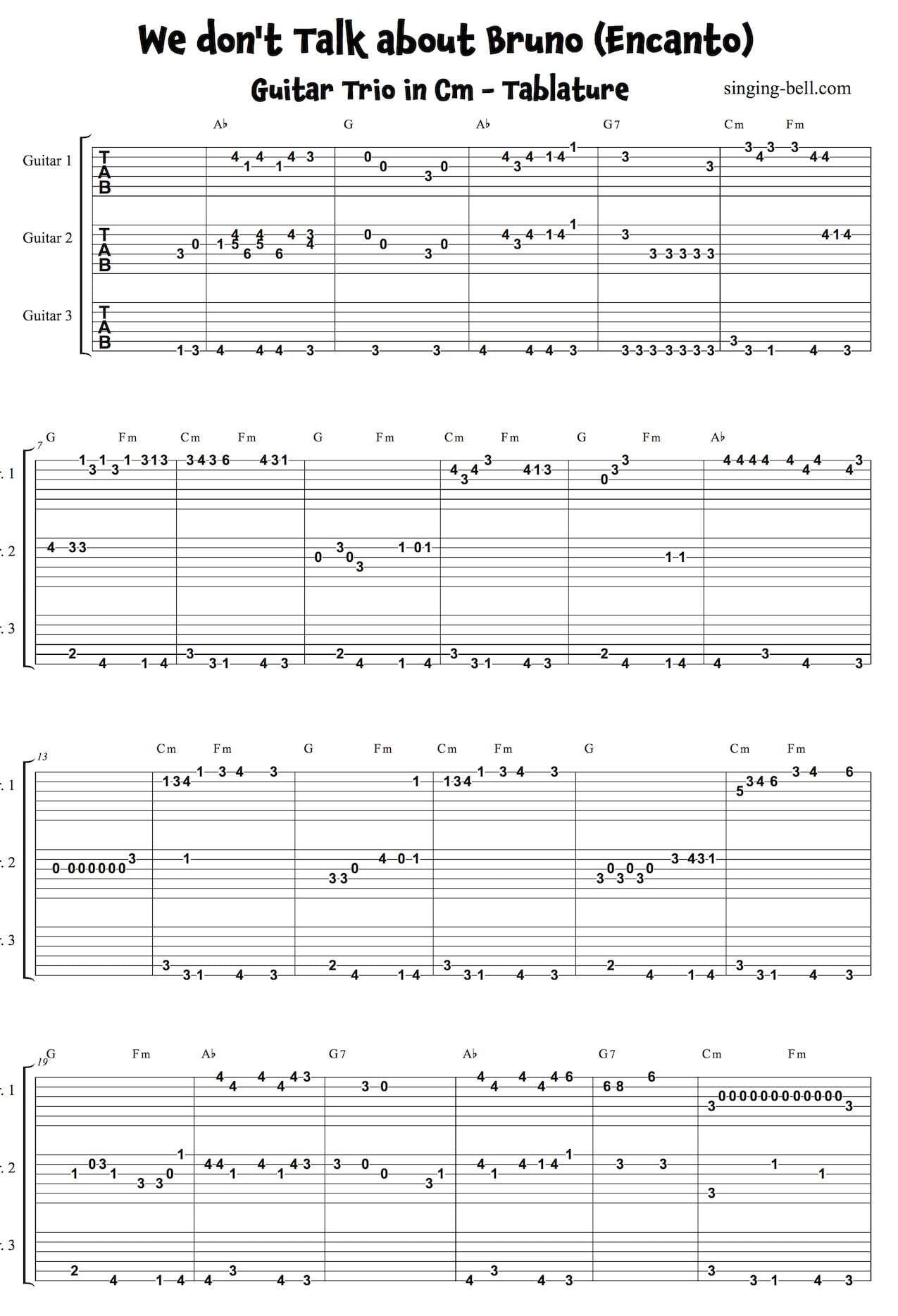 We Don't Talk About Bruno Encanto easy Guitar Trio Tablature Notation in Cm - page 1.