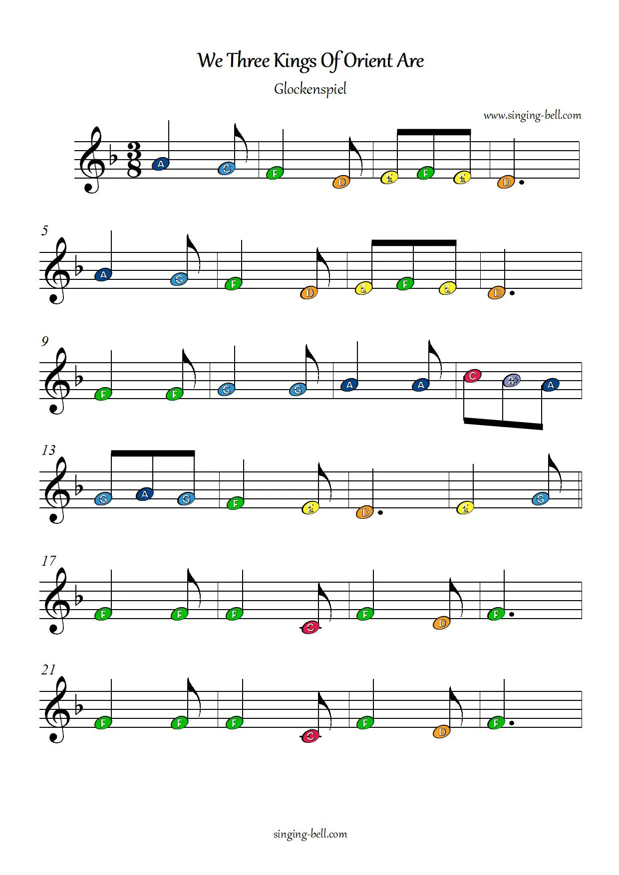 We Three Kings free xylophone glockenspiel sheet music color notes chart pdf p.1