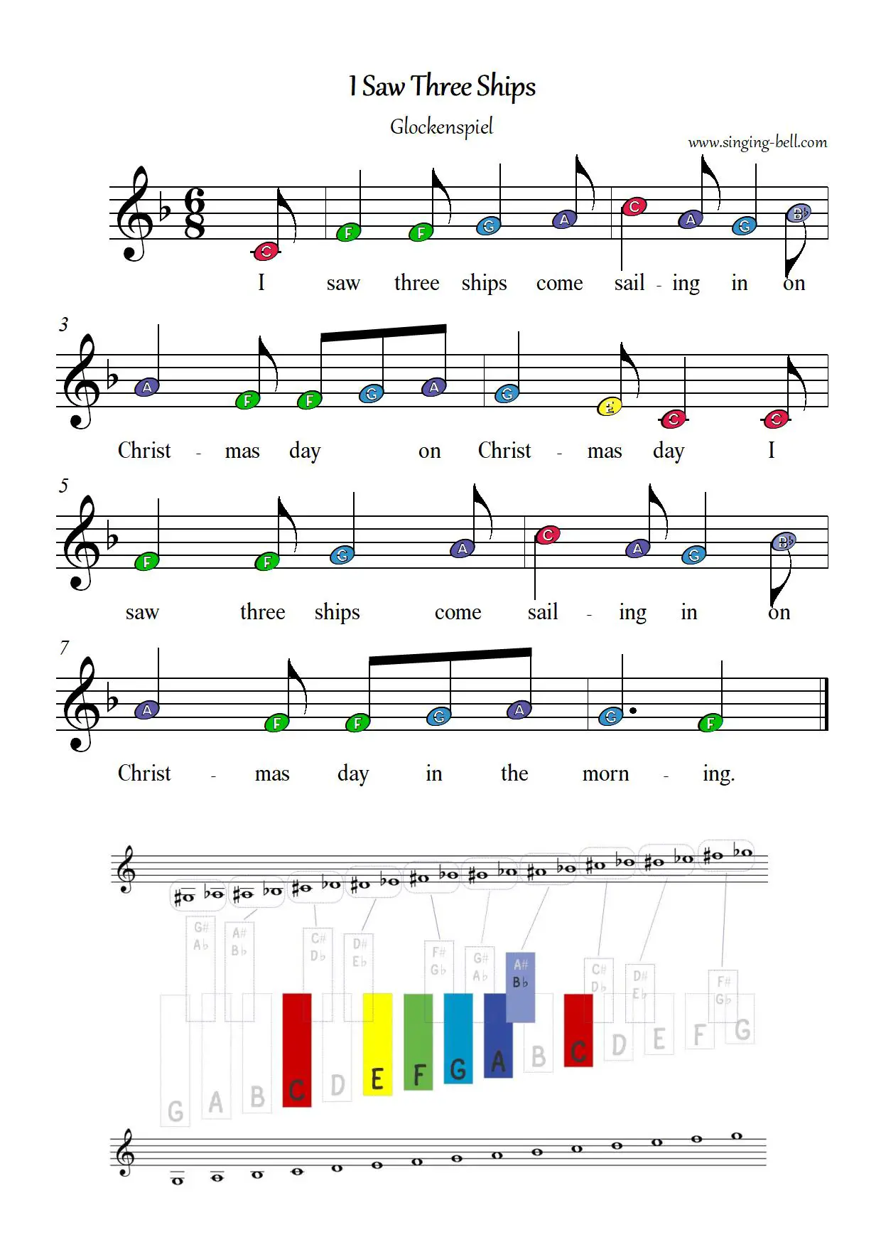I saw three ships free xylophone glockenspiel sheet music color notes chart pdf