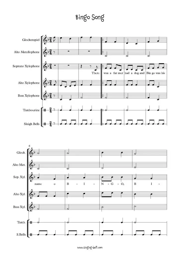 Bingo Song orff sheet-music Singing Bell p.1